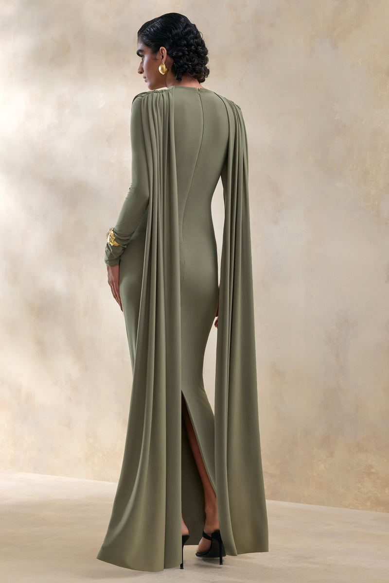 ECM_HR_CL137655031 - Lysoria | Olive High-Neck Maxi Dress With Draped-Detailing And Cape-Sleeves 2.jpg