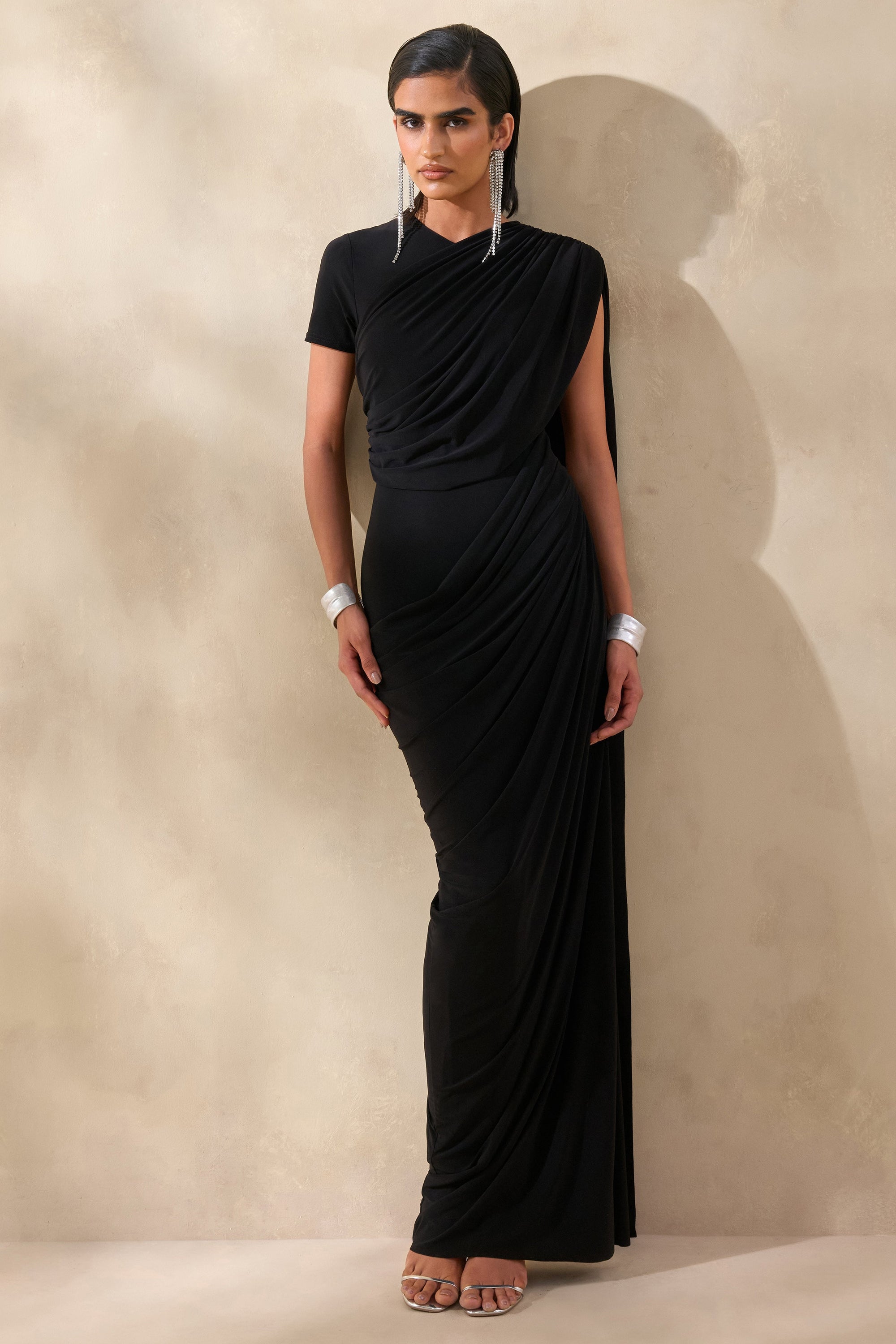 ECM_HR_CL137661001 - Gisara | Black High-Neck Maxi Dress With Sash And Draped-Detailing 1.jpg