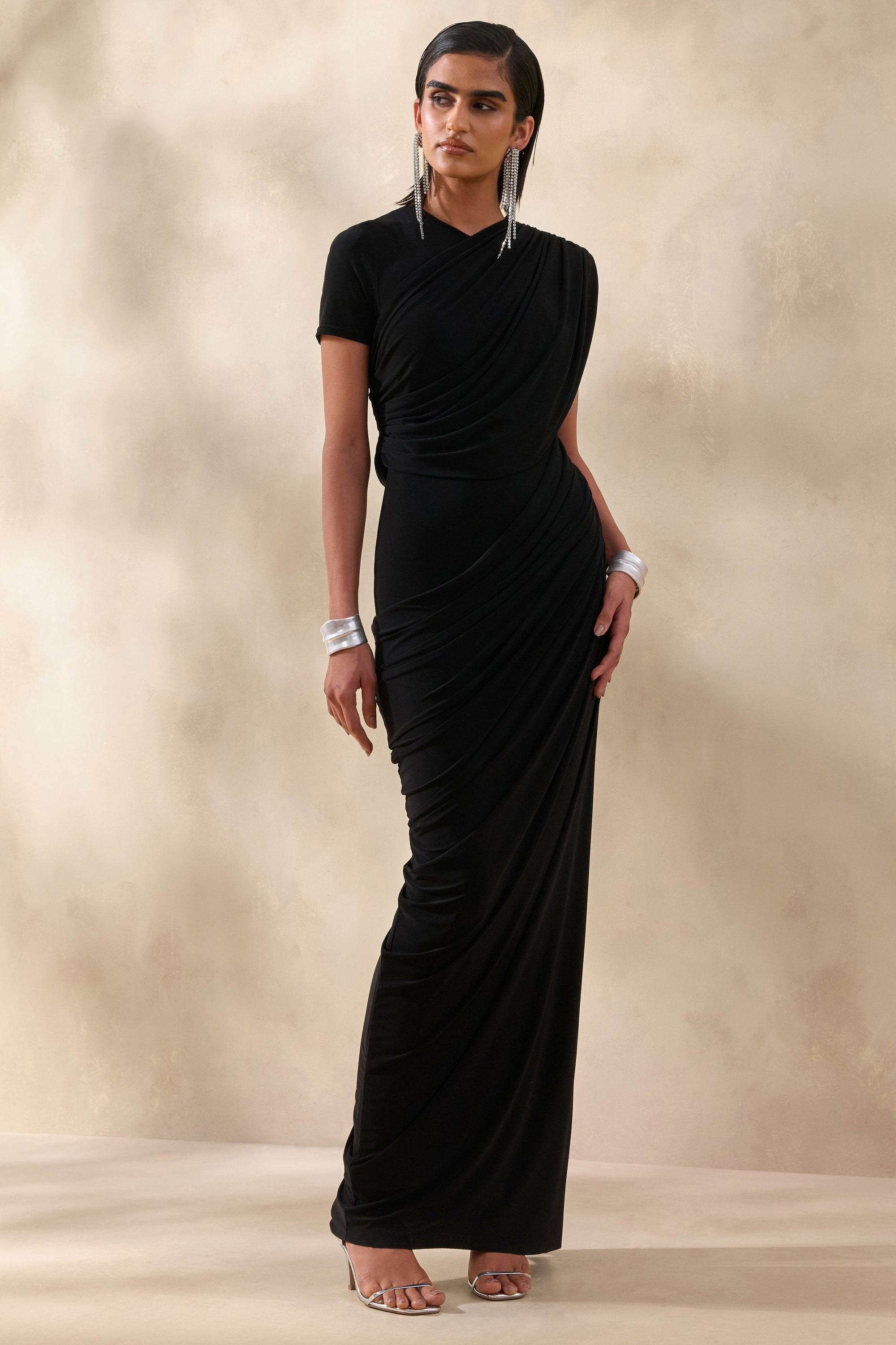 ECM_HR_CL137661001 - Gisara | Black High-Neck Maxi Dress With Sash And Draped-Detailing 4.jpg