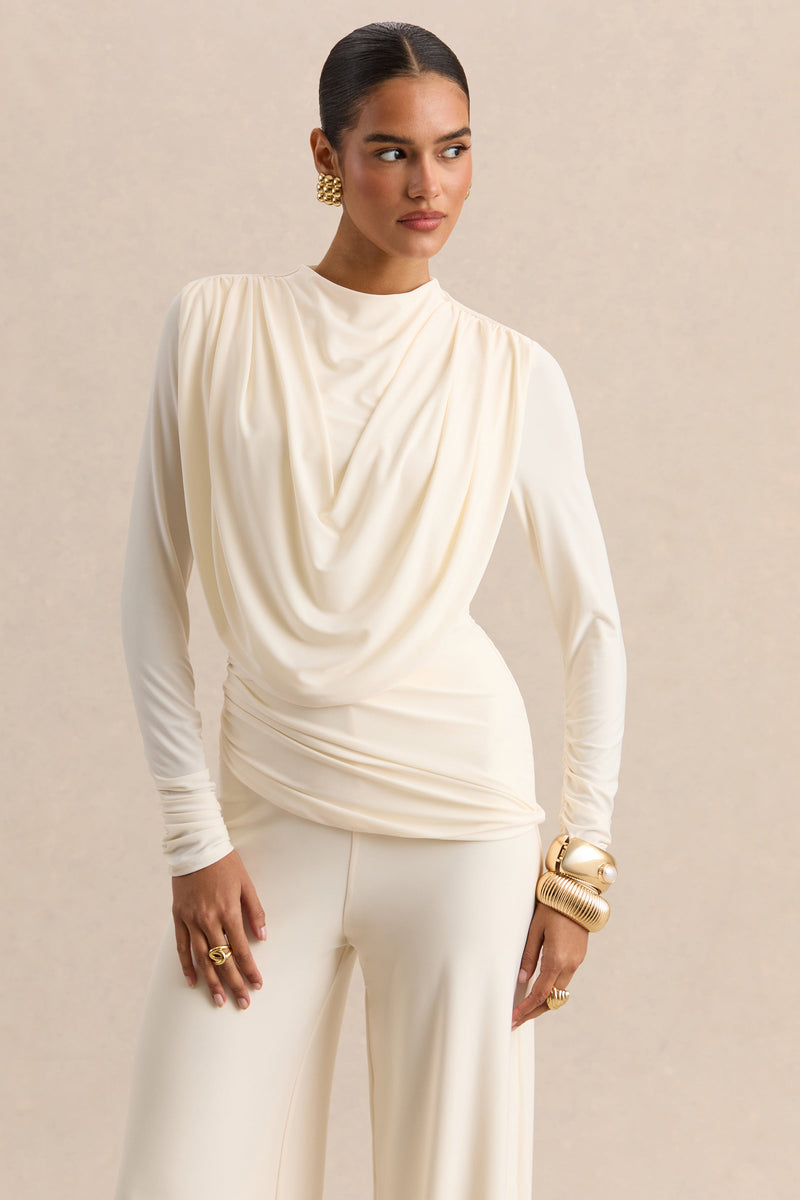 ECMH-HR-CL137663110 - Raniella - Cream High-Neck Top With Gathered And Draped-Detailing 06.jpg