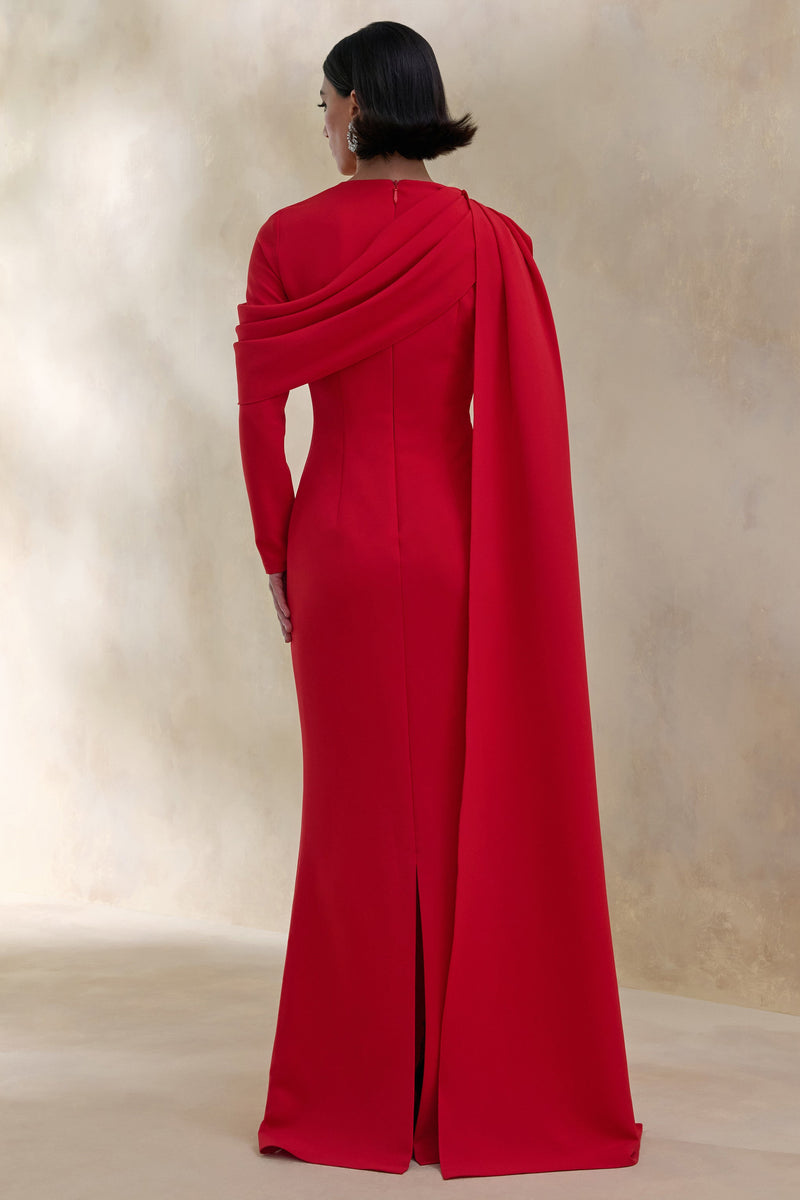 ECM_HR_CL137671100 - Heliora | Red V-Neck Maxi Dress With Sash And Draped-Detail3.jpg