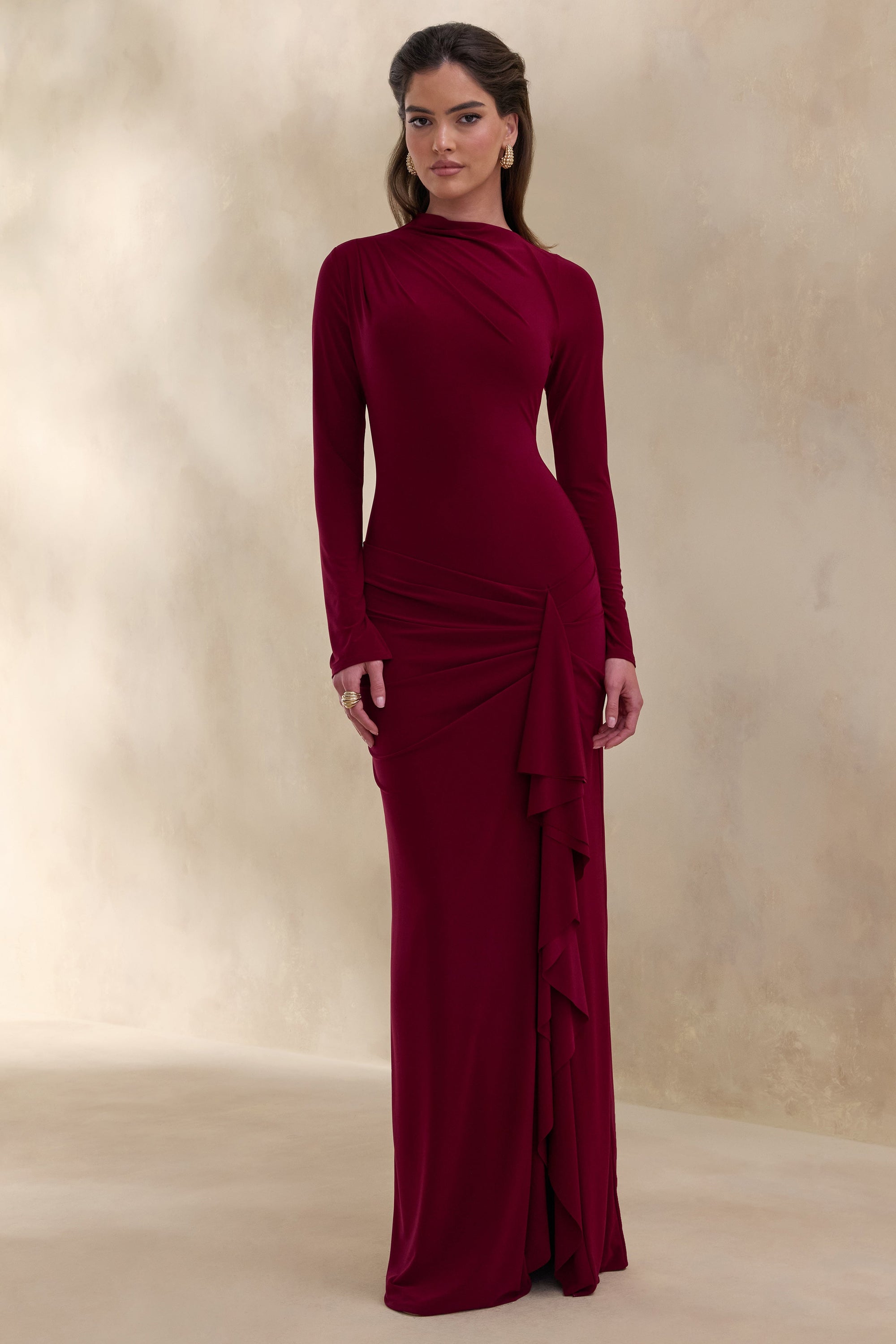 ECM_HR_CL137677101 - Karessa | Berry High-Neck Maxi Dress With Gathered Detailing And Front-High Split 2.jpg