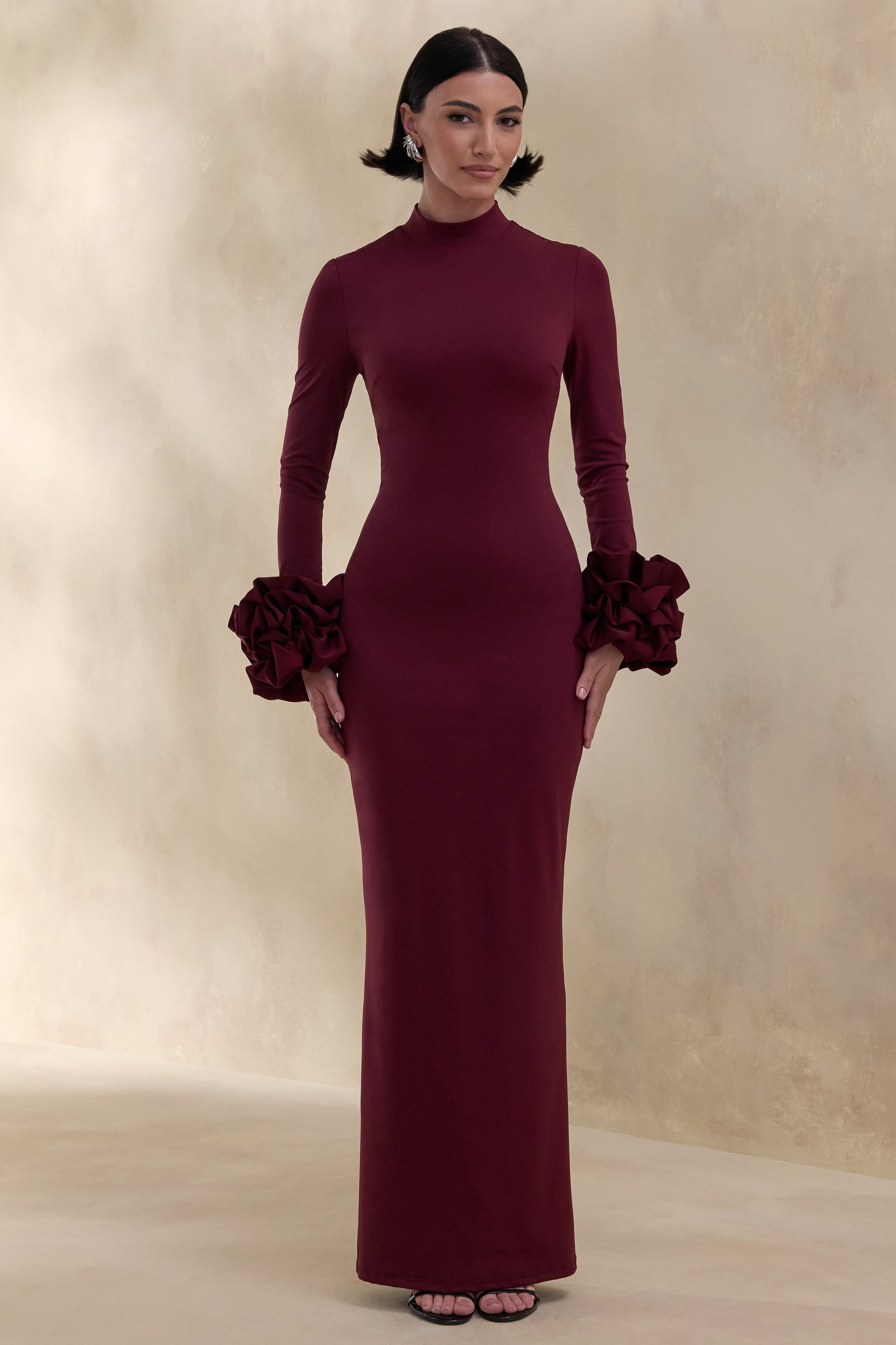 ECM_HR_CL137681090 - Jaselle | Dark Plum High-Neck Maxi Dress With Ruffled Satin-Cuffs 0.jpg