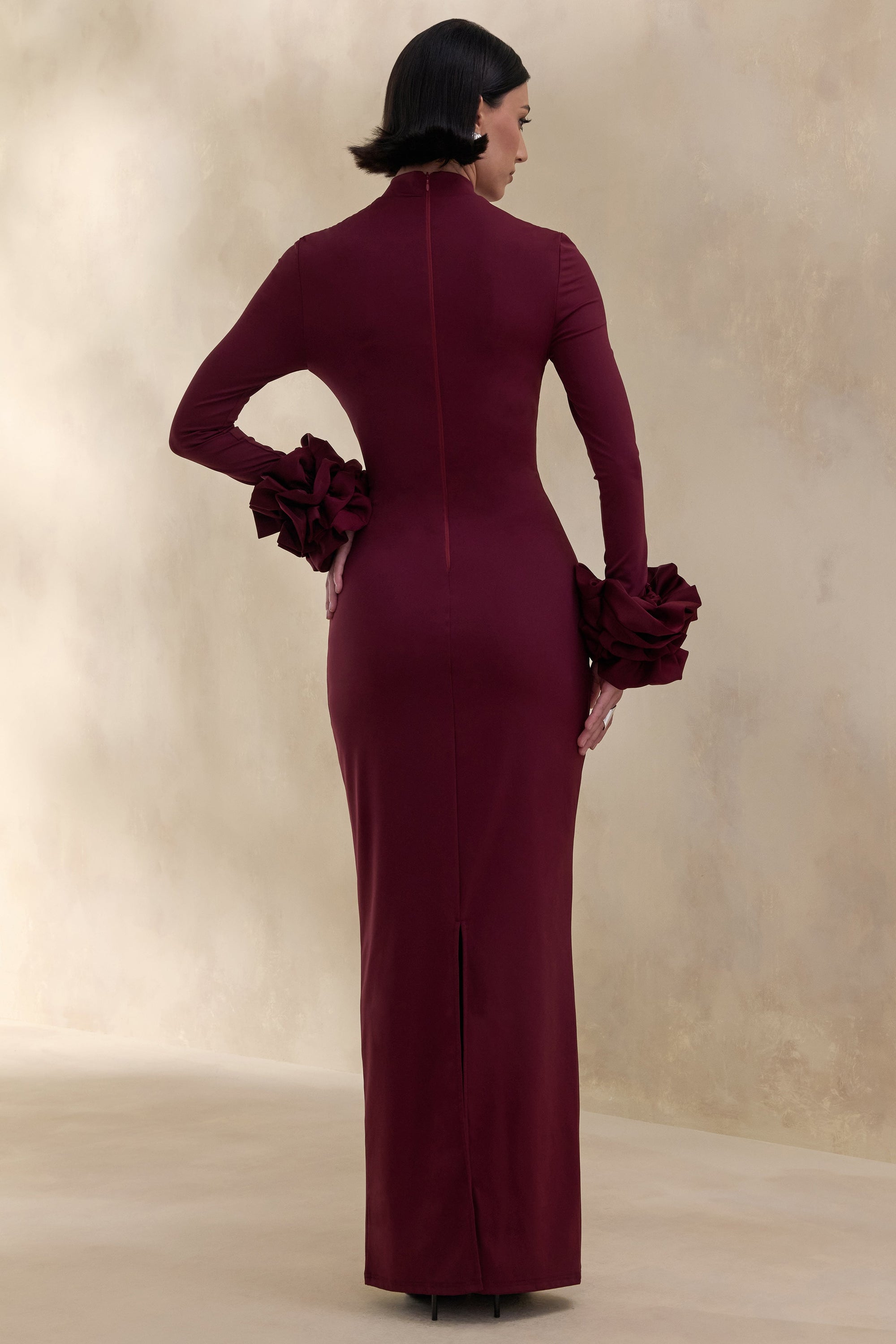 ECM_HR_CL137681090 - Jaselle | Dark Plum High-Neck Maxi Dress With Ruffled Satin-Cuffs 3.jpg