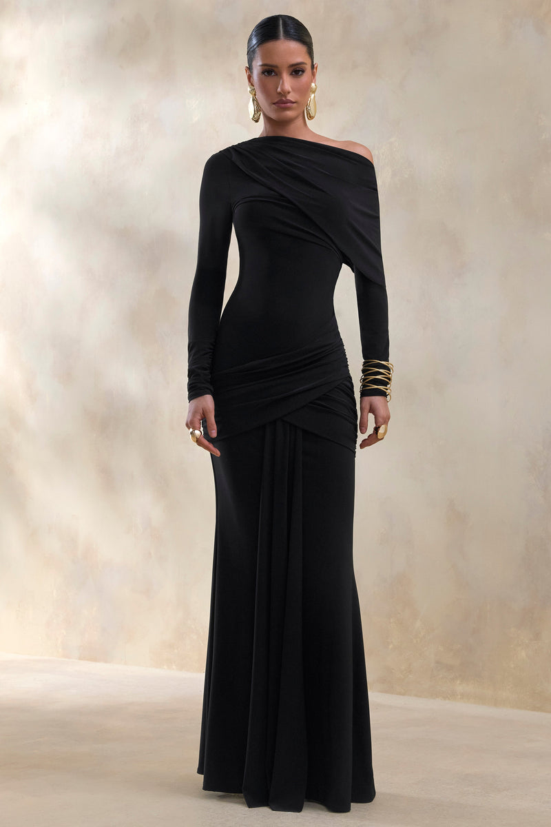 ECM_HR_CL137685001 - Kessara _ Black Asymmetric-Neck Maxi Dress With Sash And Gathered-Detailing 0.jpg