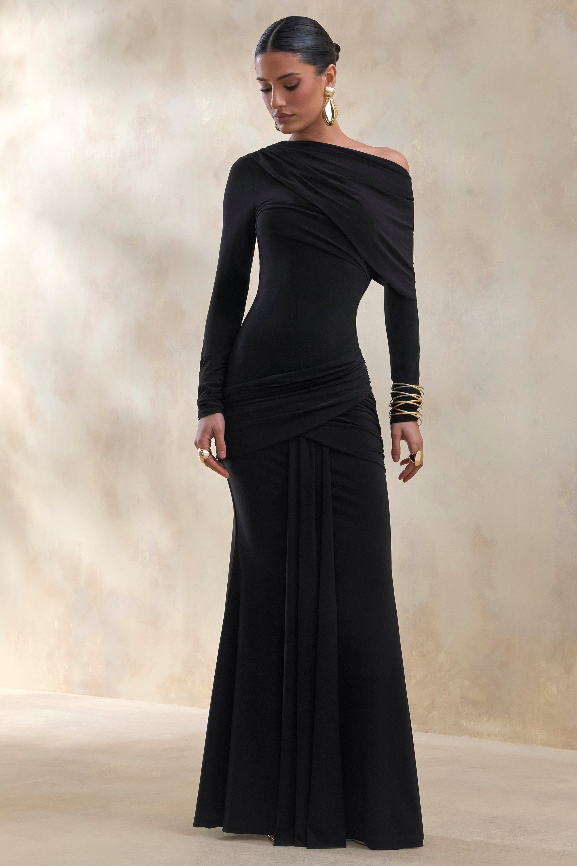 ECM_HR_CL137685001 - Kessara _ Black Asymmetric-Neck Maxi Dress With Sash And Gathered-Detailing 1.jpg