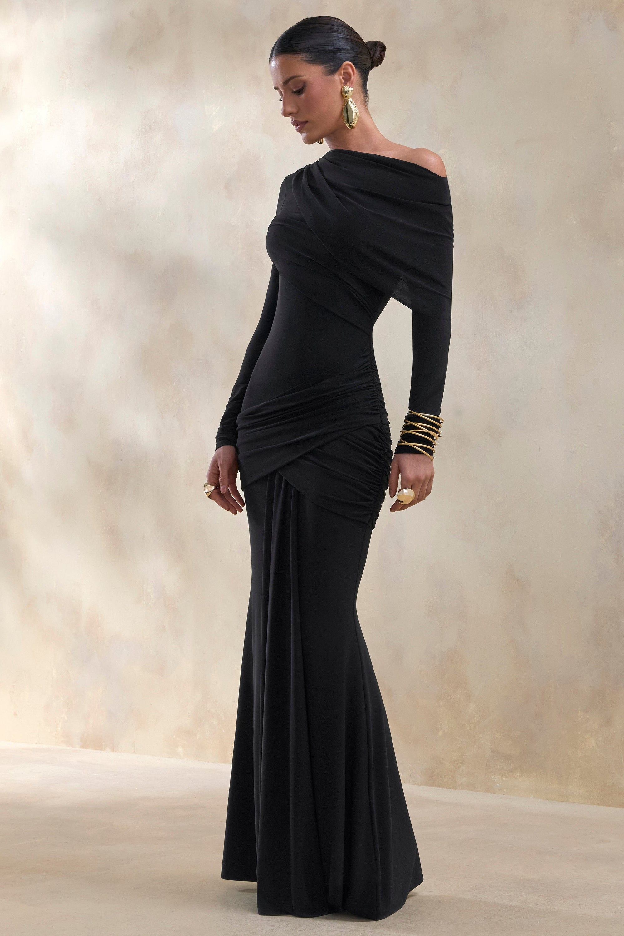 ECM_HR_CL137685001 - Kessara _ Black Asymmetric-Neck Maxi Dress With Sash And Gathered-Detailing 2.jpg