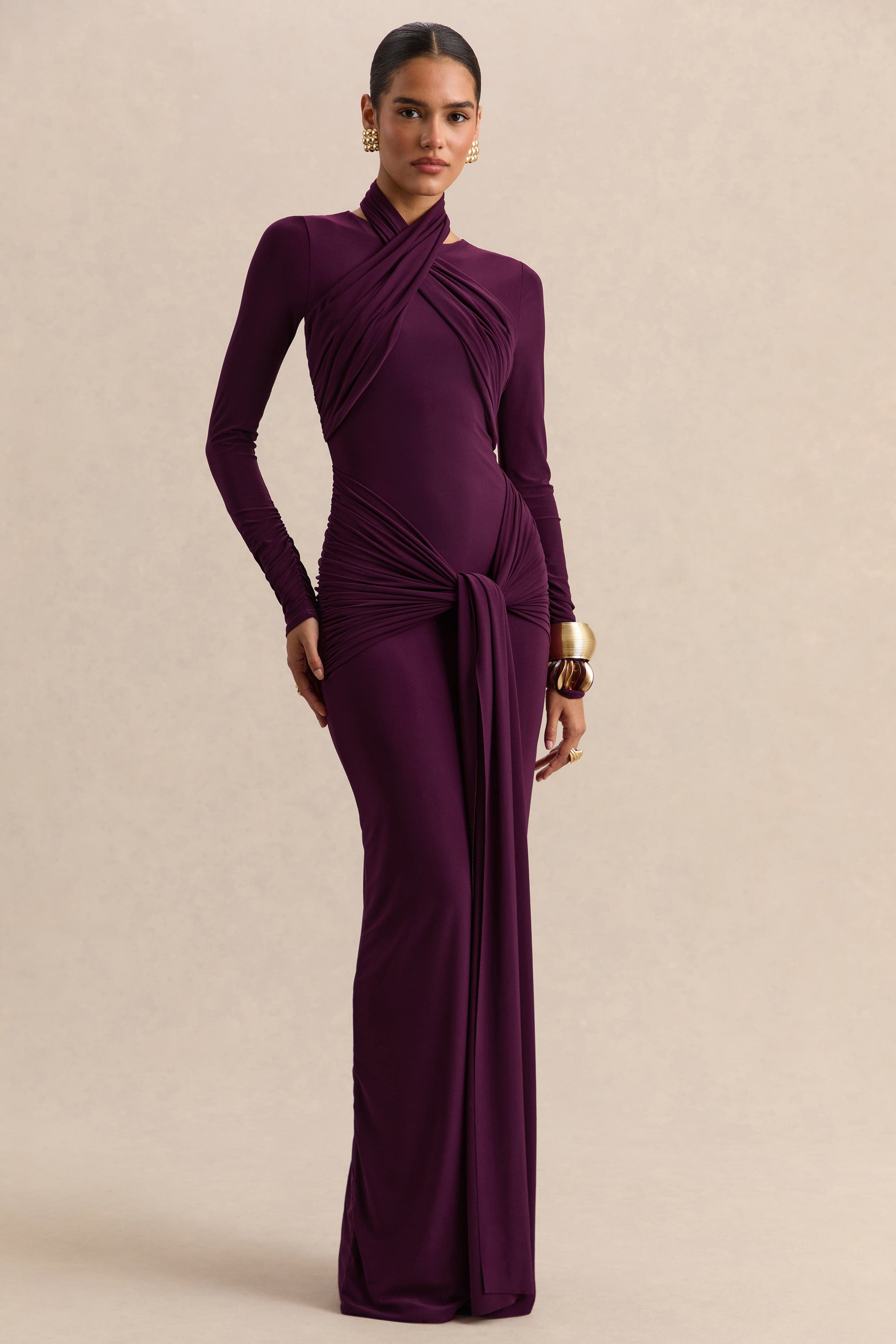 ECM_HR_CL137691090 - Linessa - Dark Plum High-Neck Maxi Dress With Sash And Gathered-Detailing 01_HERO.jpg