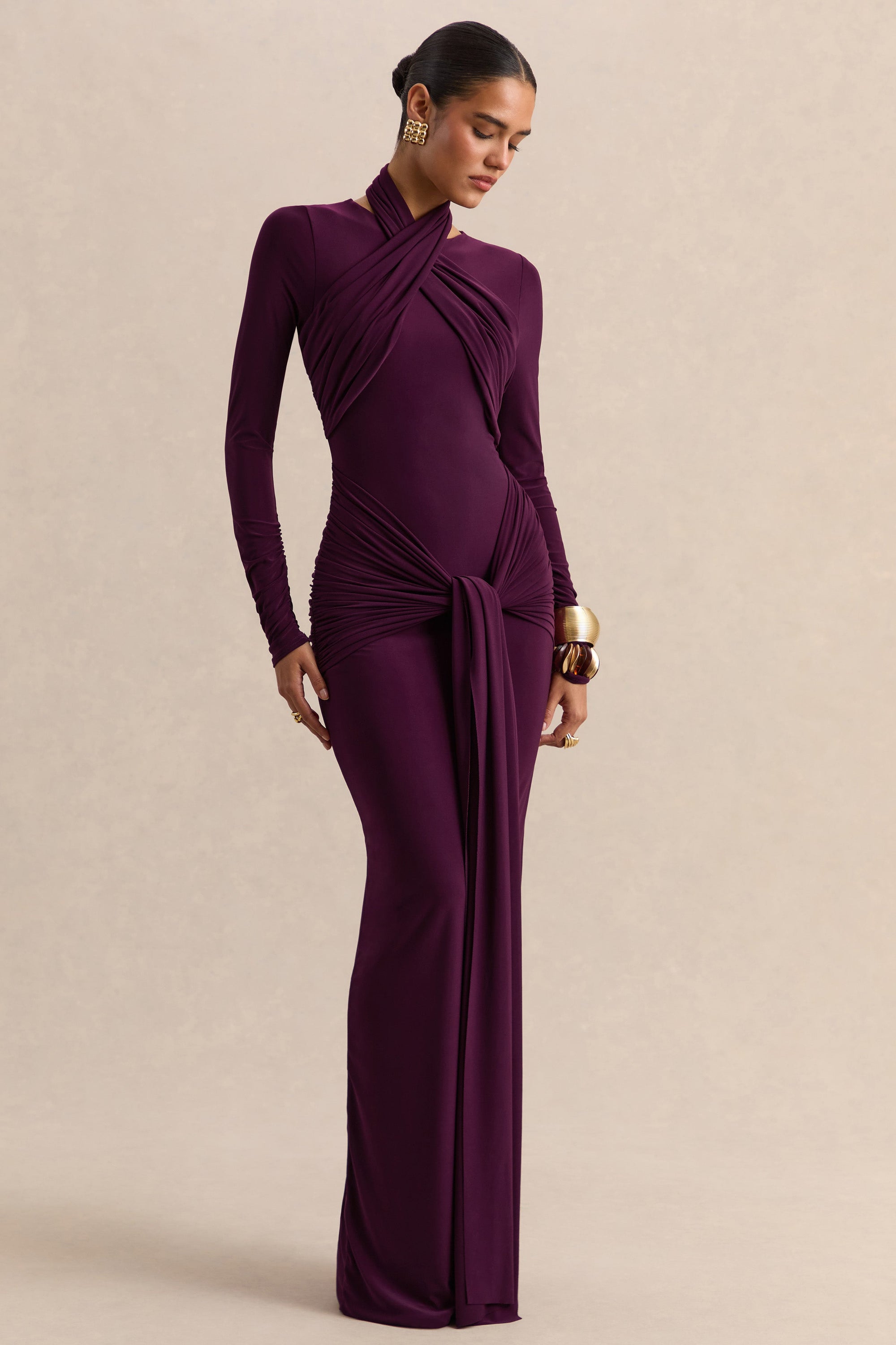 ECM_HR_CL137691090 - Linessa - Dark Plum High-Neck Maxi Dress With Sash And Gathered-Detailing 02.jpg