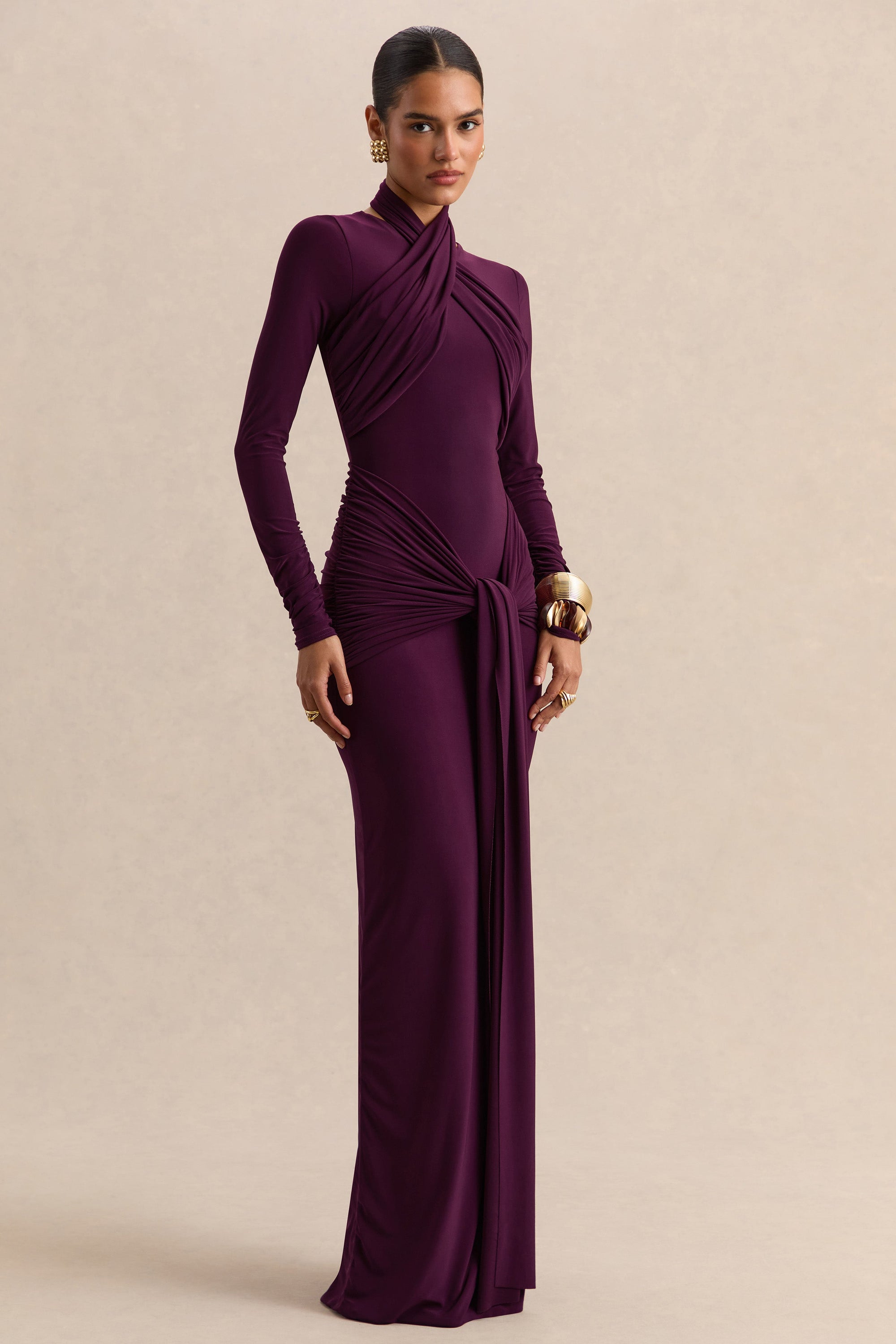 ECM_HR_CL137691090 - Linessa - Dark Plum High-Neck Maxi Dress With Sash And Gathered-Detailing 03.jpg