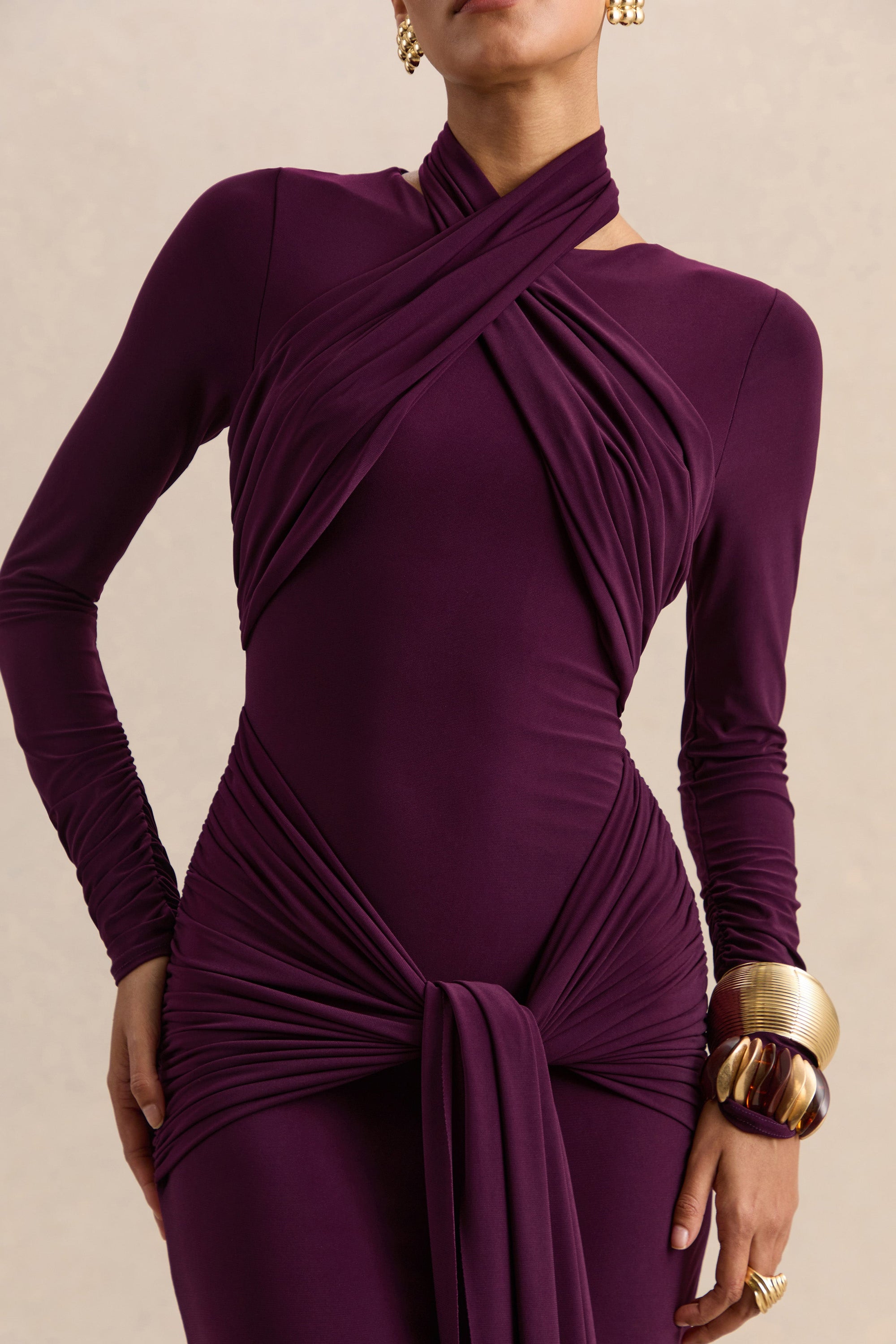 ECM_HR_CL137691090 - Linessa - Dark Plum High-Neck Maxi Dress With Sash And Gathered-Detailing 06.jpg