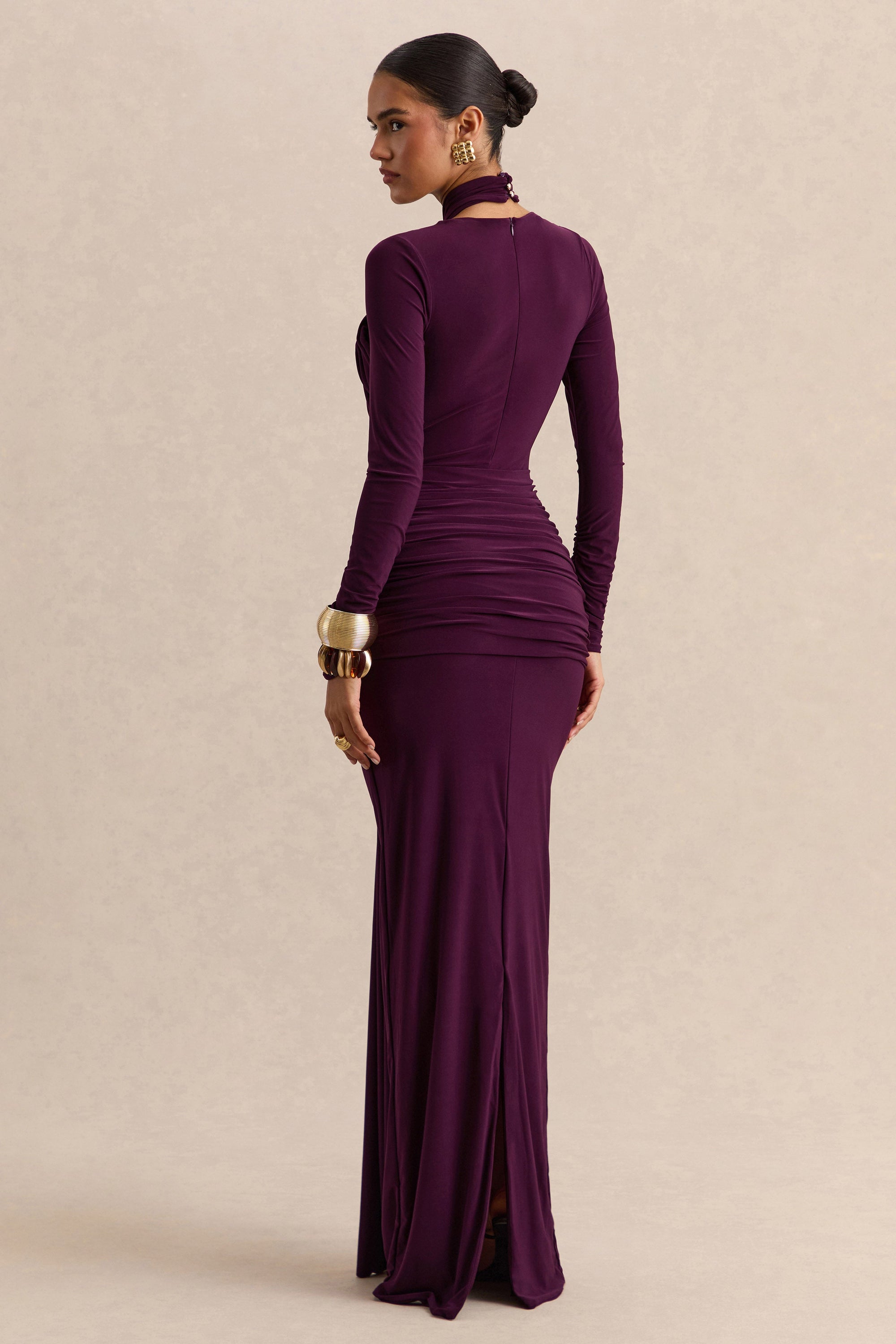 ECM_HR_CL137691090 - Linessa - Dark Plum High-Neck Maxi Dress With Sash And Gathered-Detailing 07.jpg
