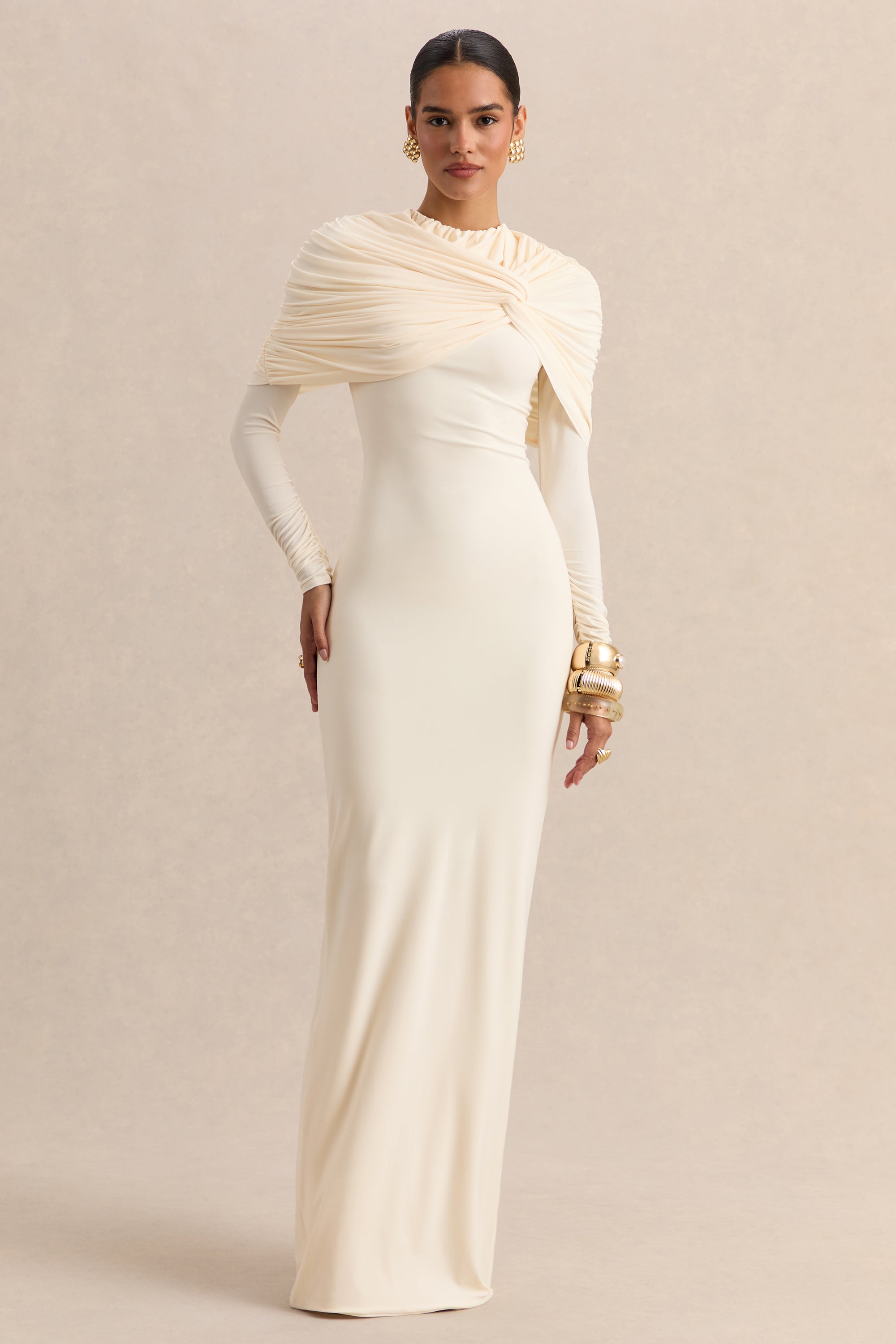 ECM-HR-CL137698111 - Evessa - Cream High-Neck Maxi Dress With Gathered-Detailing 02.jpg