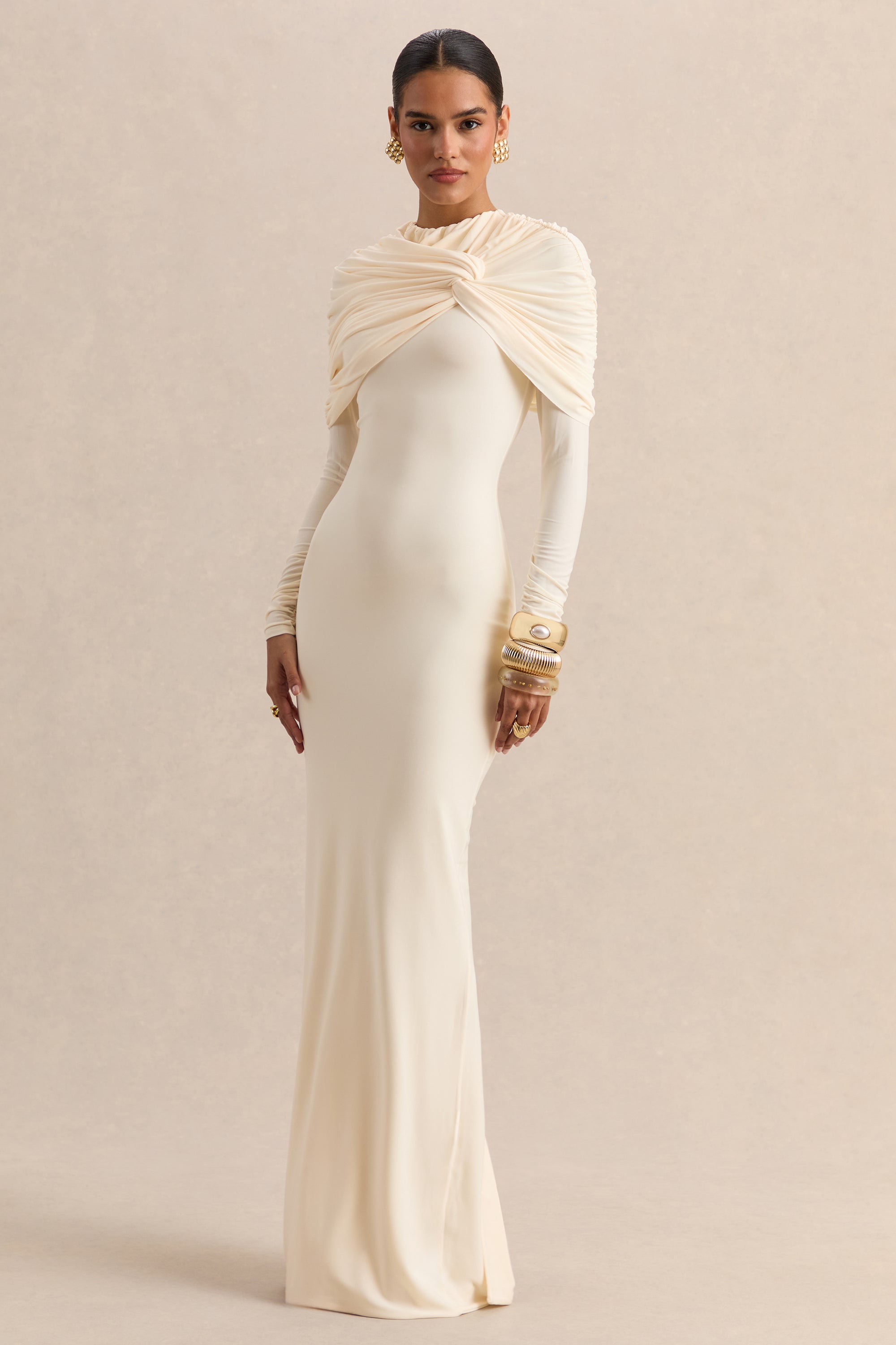 ECM_HR-CL137698111 - Evessa - Cream High-Neck Maxi Dress With Gathered-Detailing 01.jpg
