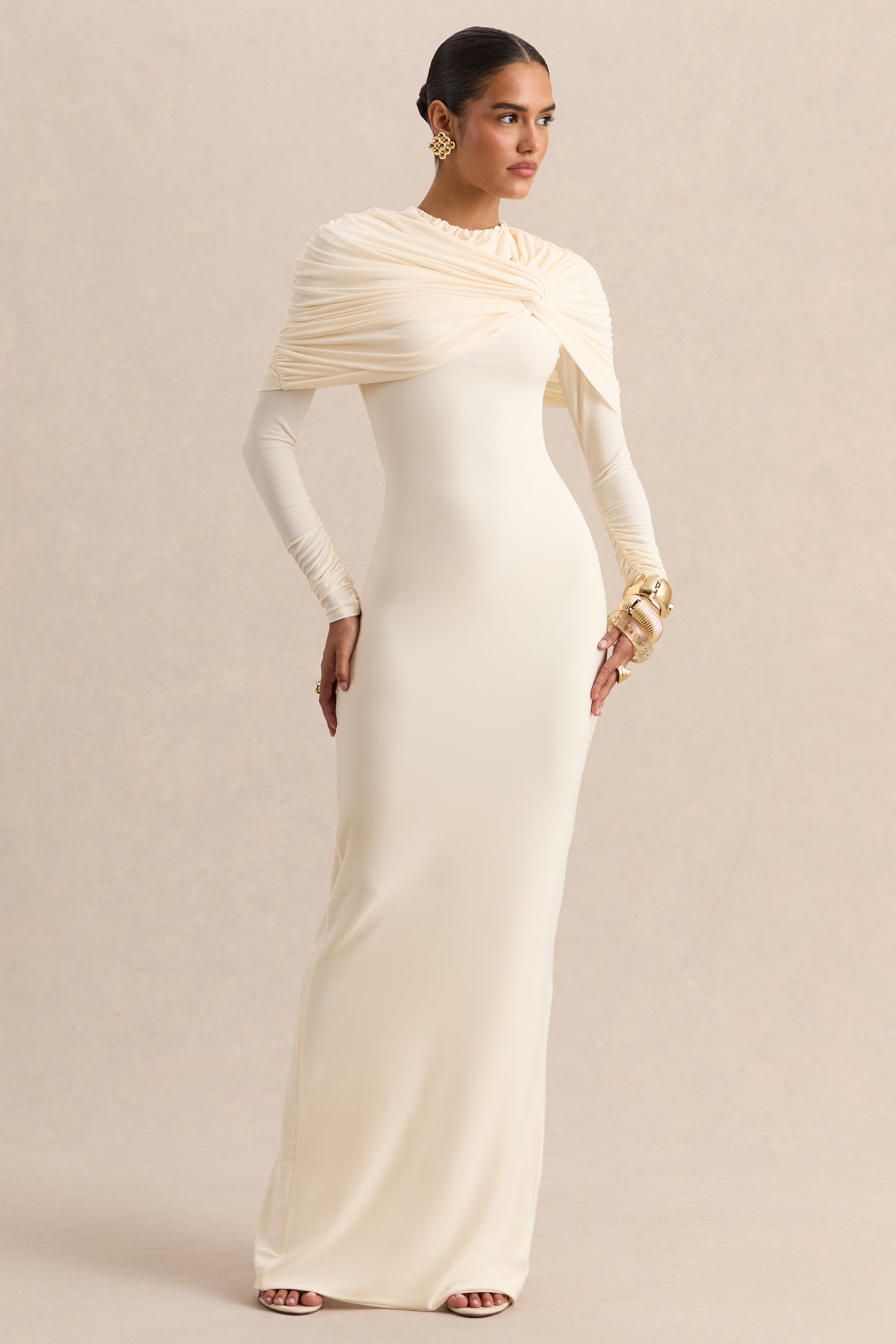 ECM_HR-CL137698111 - Evessa - Cream High-Neck Maxi Dress With Gathered-Detailing 03.jpg