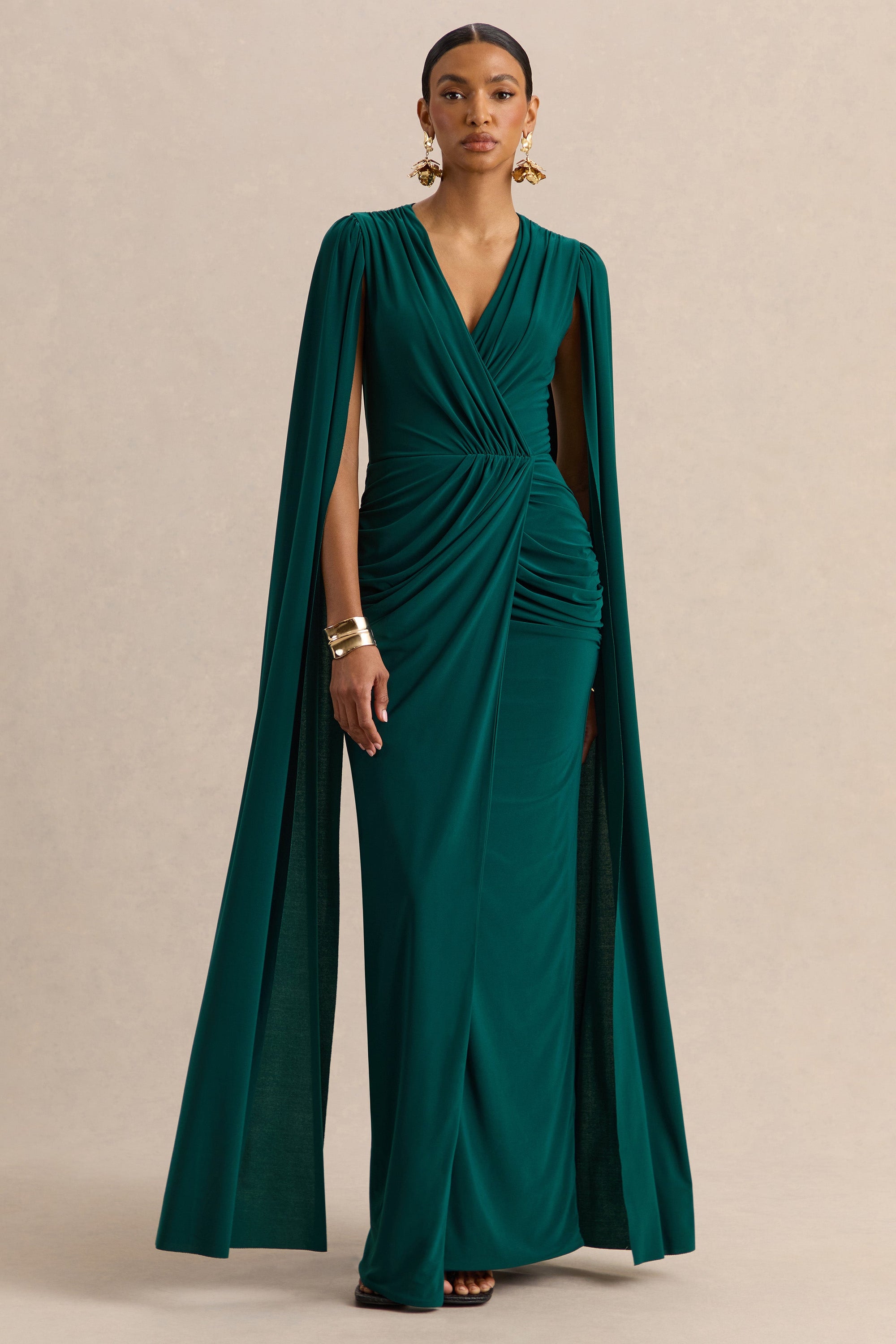 ECM_HR_CL137702030  - Ulissia Bottle Green V-Neck Maxi Dress With Cape-Sleeves 1.jpg