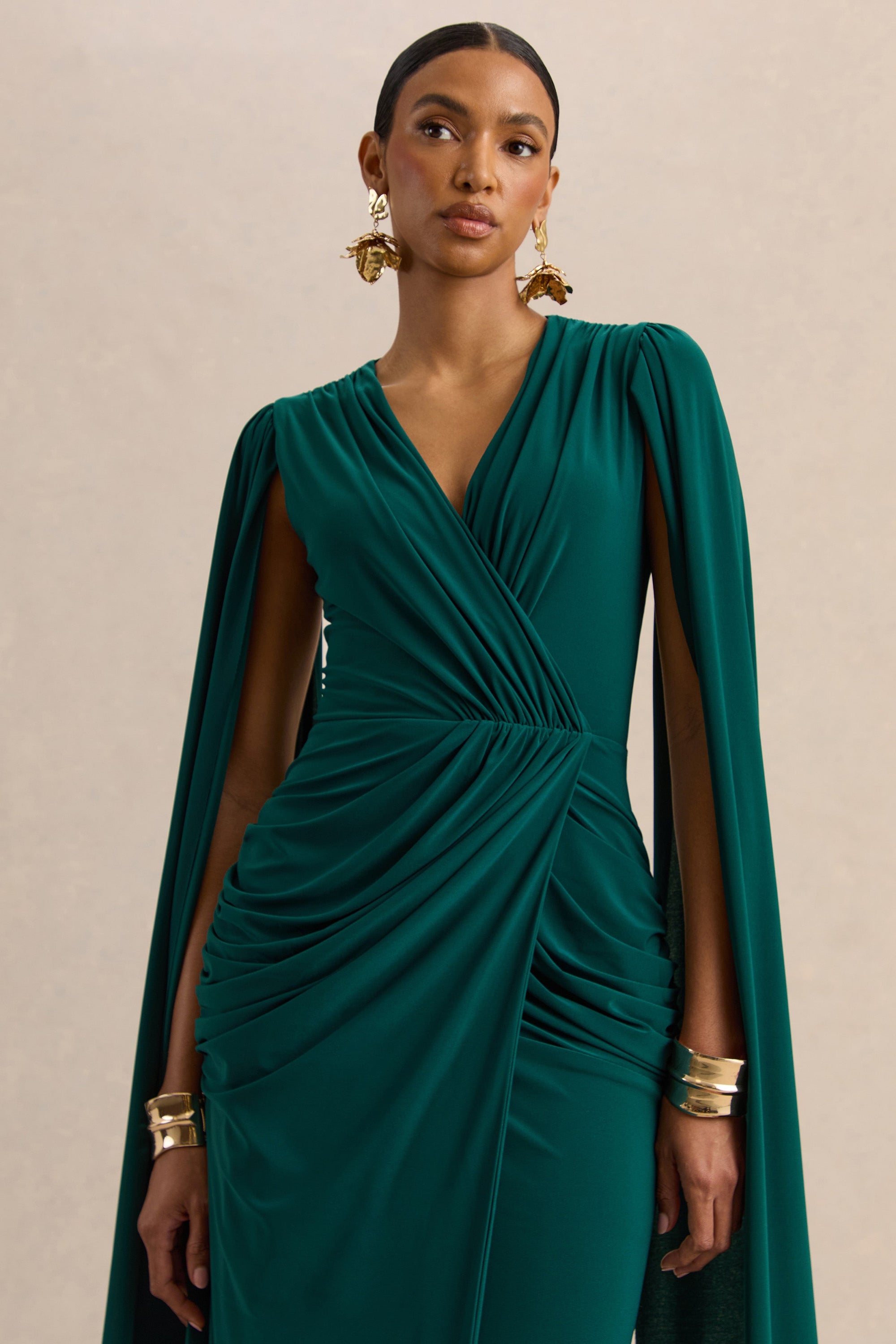 ECM_HR_CL137702030  - Ulissia Bottle Green V-Neck Maxi Dress With Cape-Sleeves 4.jpg