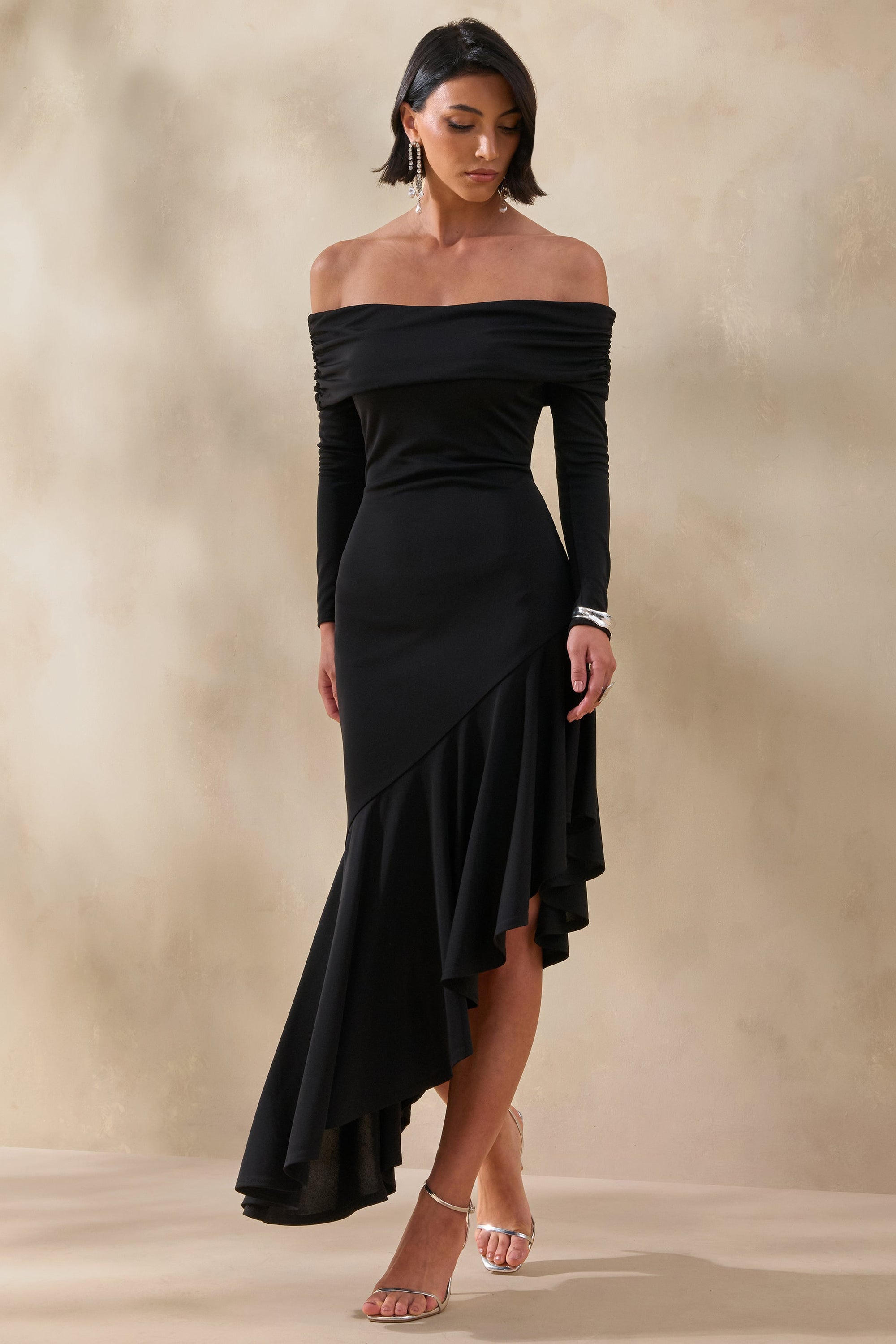 CL137867001 - Goldara | Black Bardot-Neck Maxi Dress With Ruffled Asymmetric-Hem 1.jpg