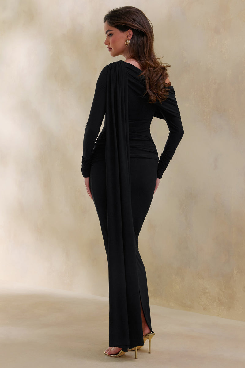 ECM_HR_CL137876001 - Bessy _ Black Asymmetric-Neck Maxi Dress With Gathered-Detailing And Sash 5.jpg