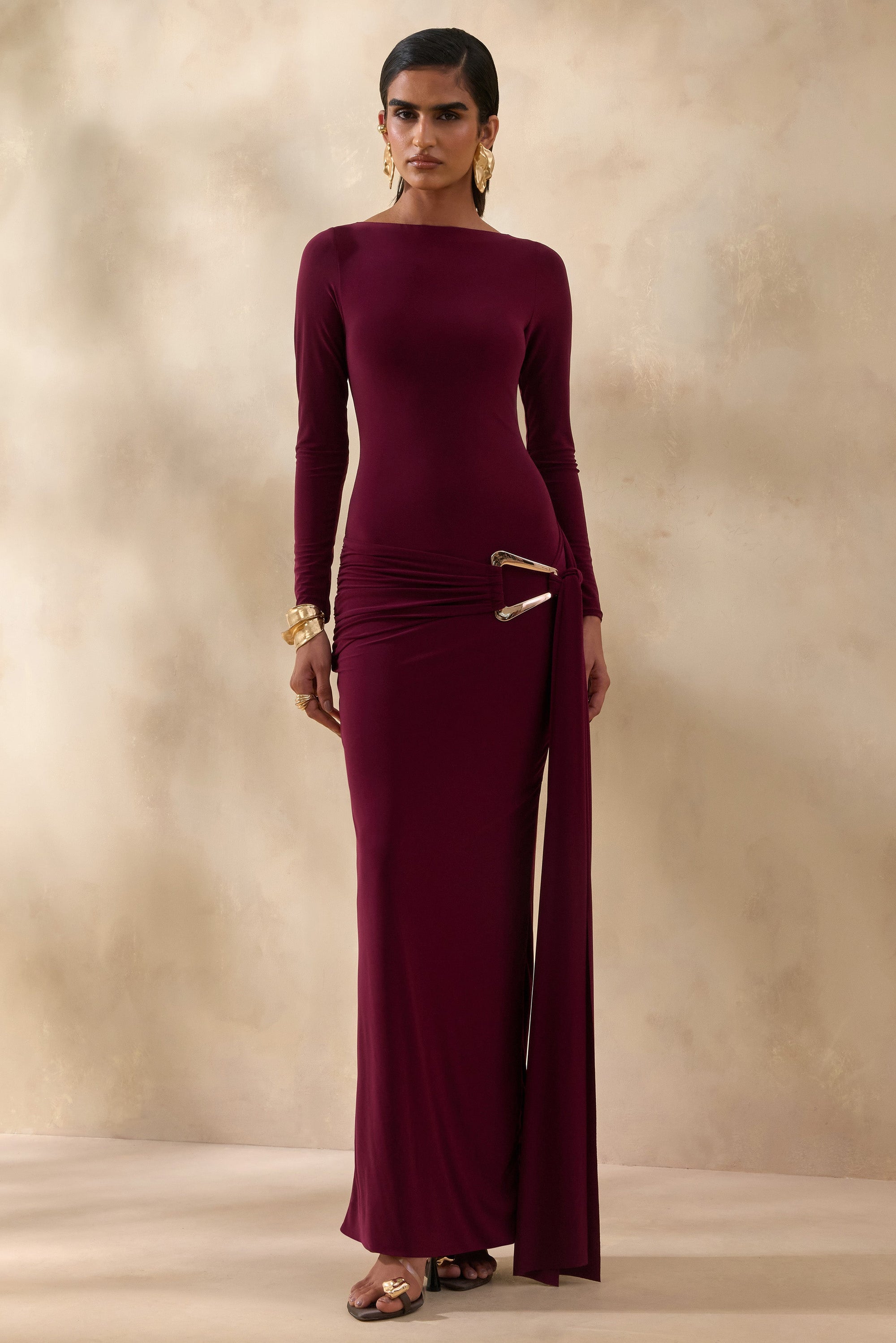 ECM_HR_CL137884102 -  Astrielle | Burgundy Round-Neck With Gold-Detail And Sash 1.jpg