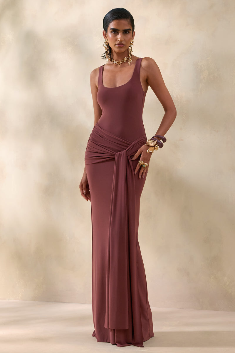 ECM_HR_CL137889021 -Lienna | Brown Scoop-Neck Maxi Dress With Gathered-Detail And Sash 0.jpg
