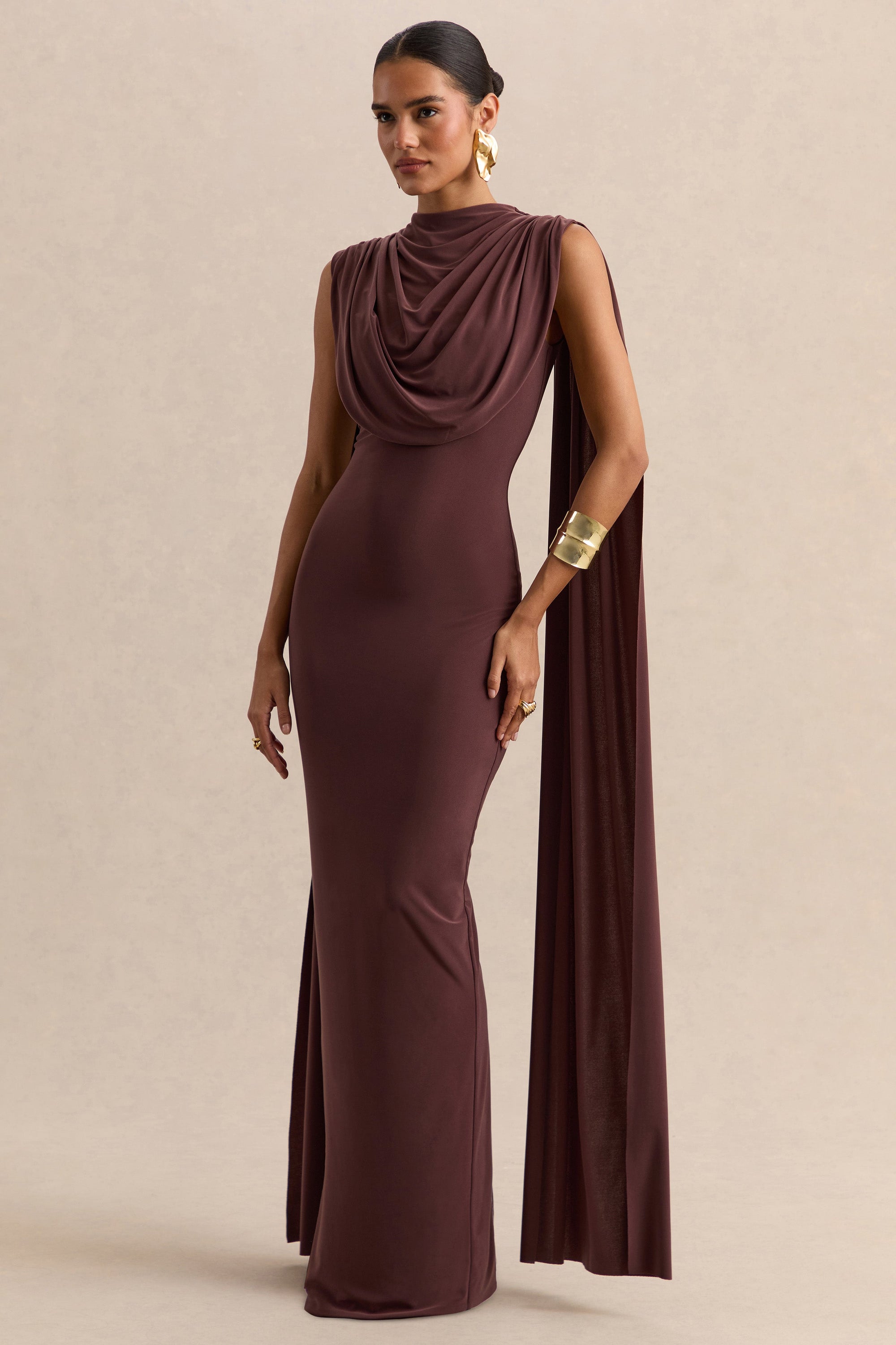 ECM_HR_CL138023021 - Patrina - Brown High-Neck Maxi Dress With Draped-Detailing And Cape-Sleeves 01.jpg