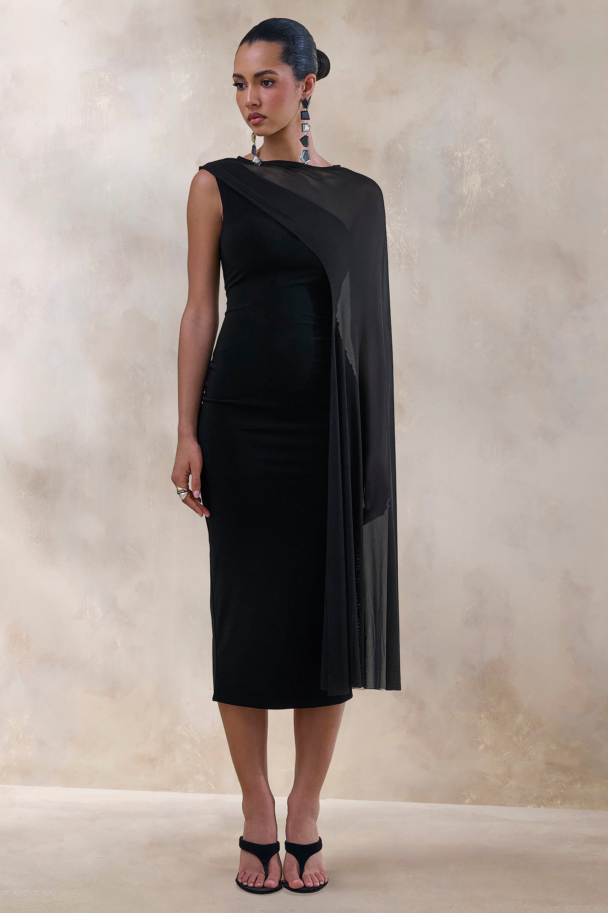 ECM_HR_CL138030001 - Caloria _ Black Asymmetric-Neck Midi Dress With Mesh-Cape 0.jpg
