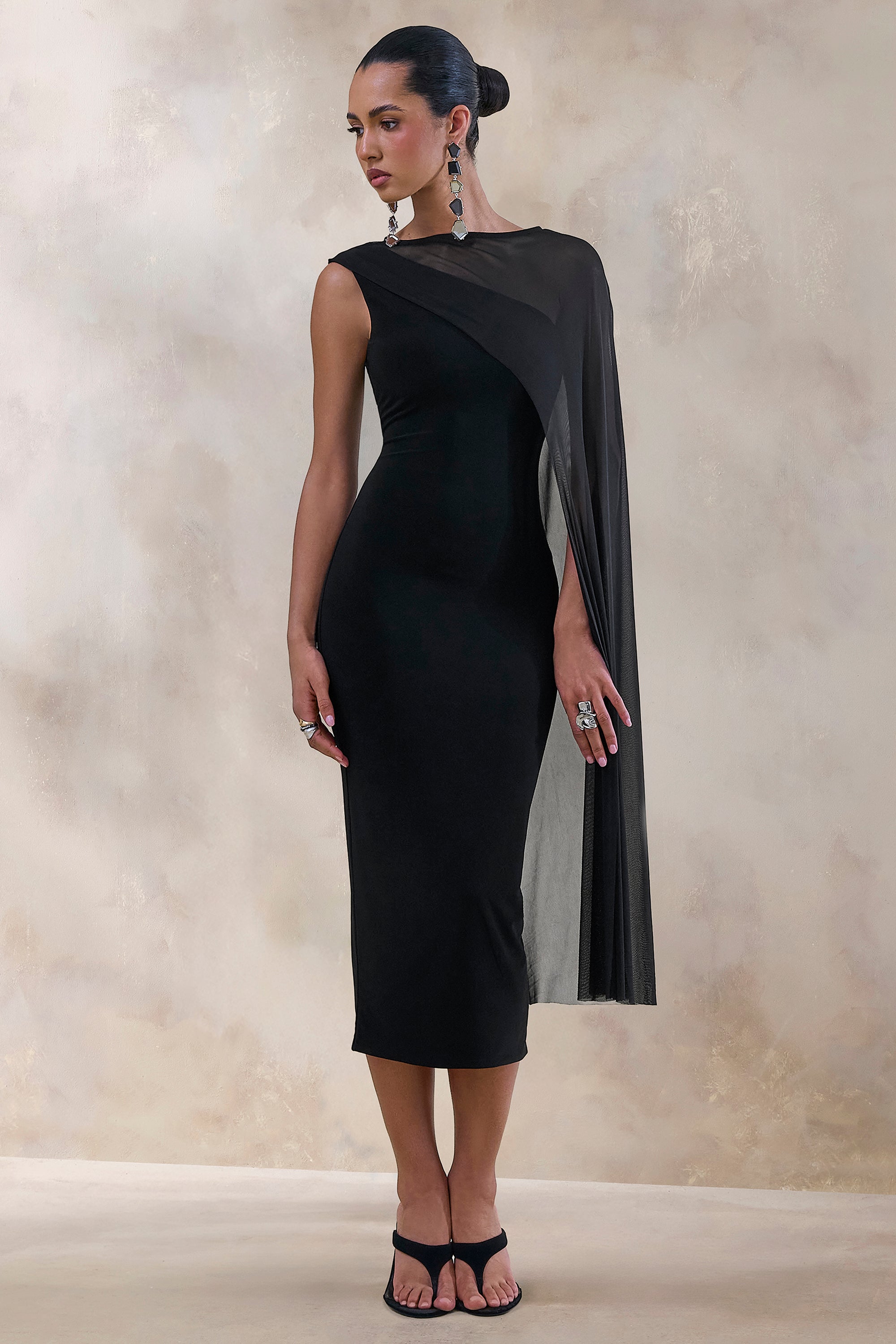 ECM_HR_CL138030001 - Caloria _ Black Asymmetric-Neck Midi Dress With Mesh-Cape 1.jpg