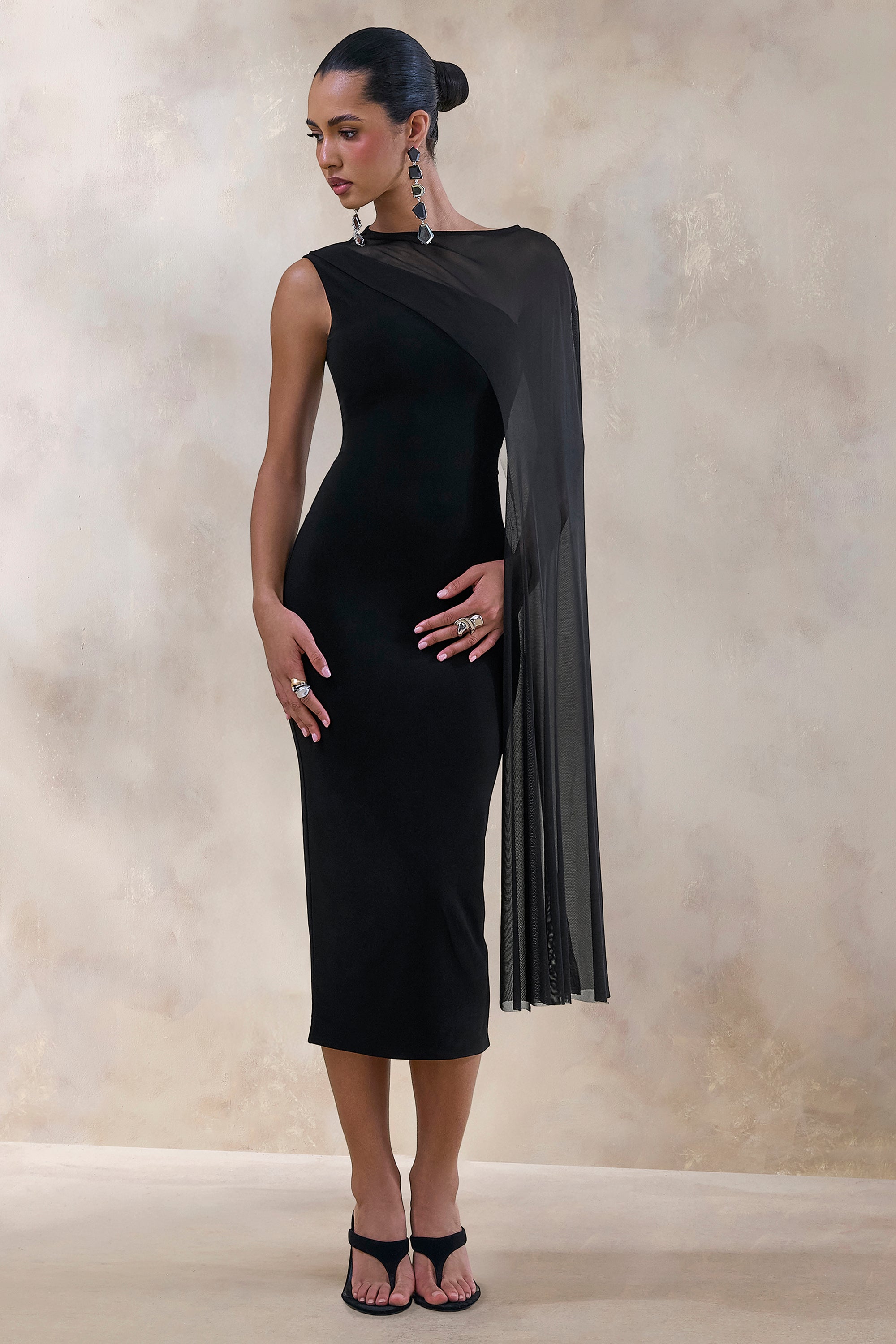 ECM_HR_CL138030001 - Caloria _ Black Asymmetric-Neck Midi Dress With Mesh-Cape 2.jpg
