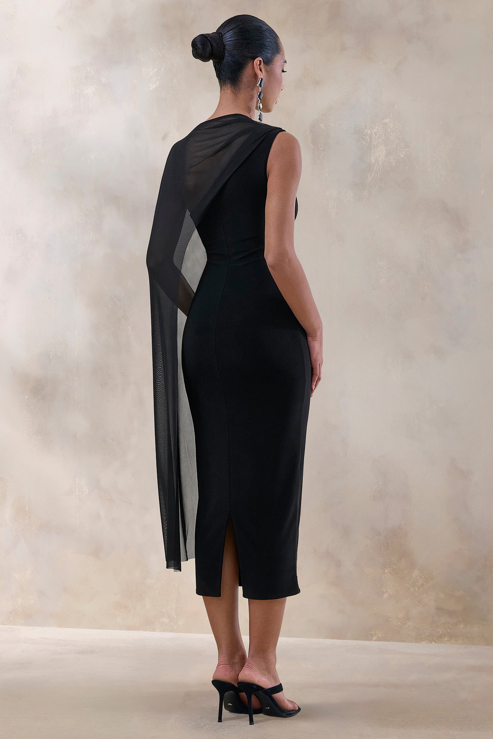 ECM_HR_CL138030001 - Caloria _ Black Asymmetric-Neck Midi Dress With Mesh-Cape 3.jpg