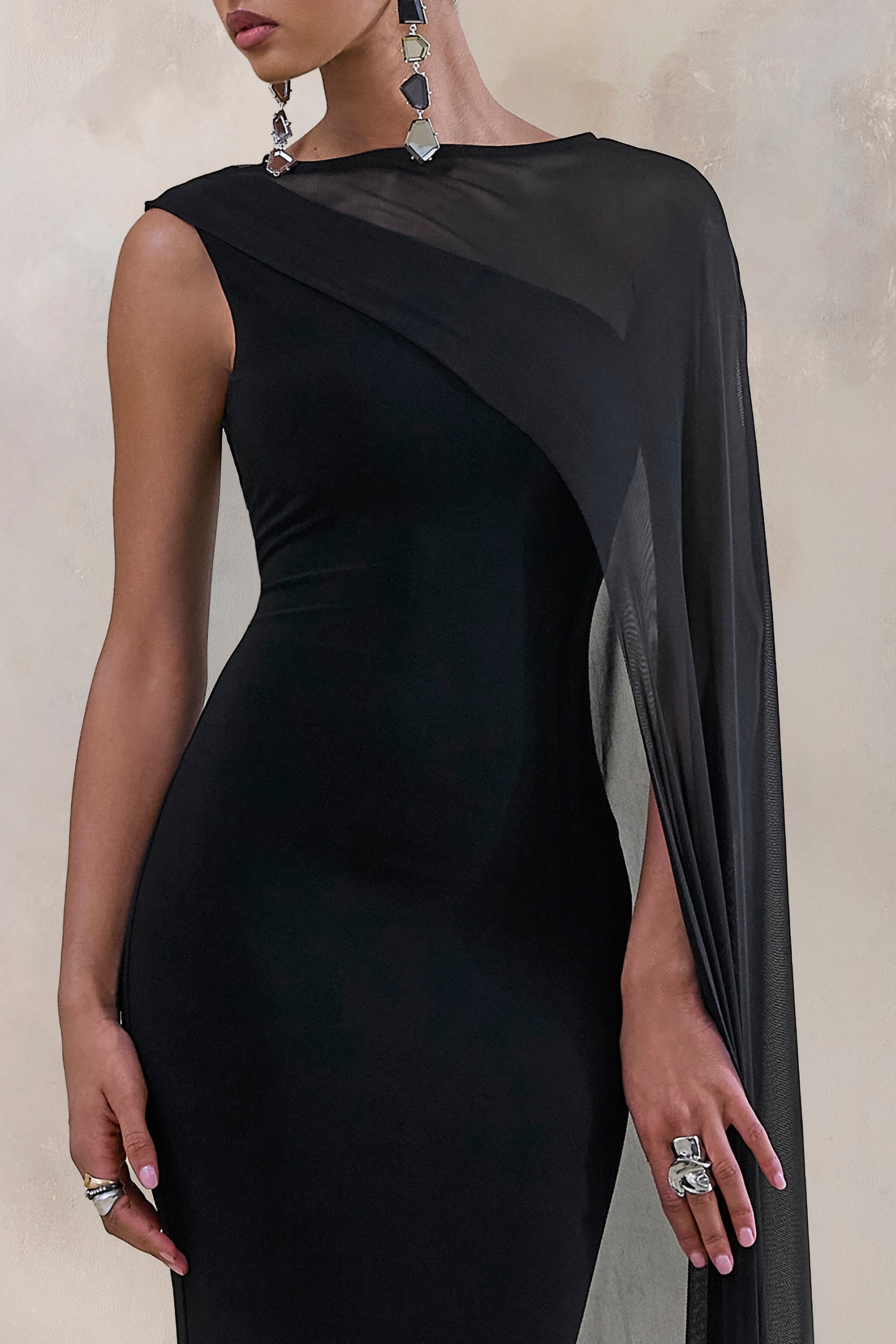 ECM_HR_CL138030001 - Caloria _ Black Asymmetric-Neck Midi Dress With Mesh-Cape 4newcrop.jpg