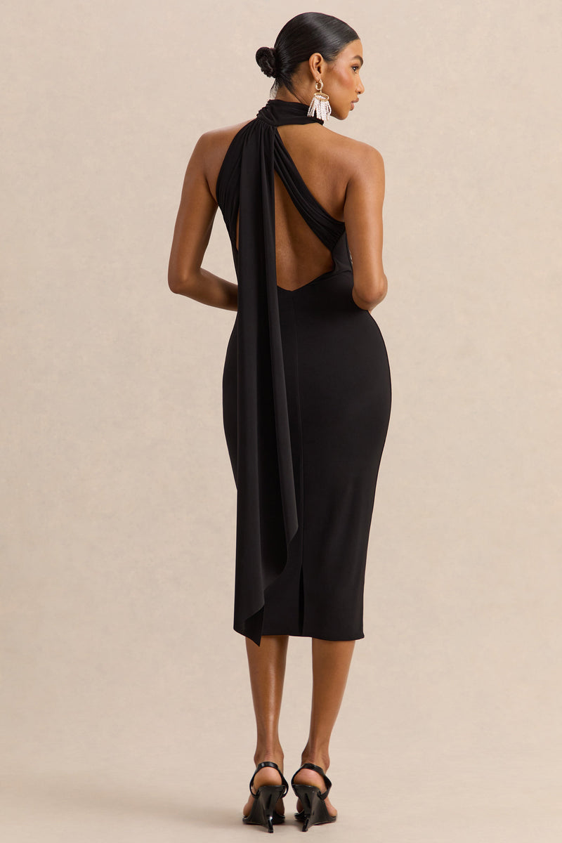 ECM_HR_CL138032001  - Devinae   Black Asymmetric-Neck Midi-Dress With Open-Back And Scarf-Detail 5.jpg