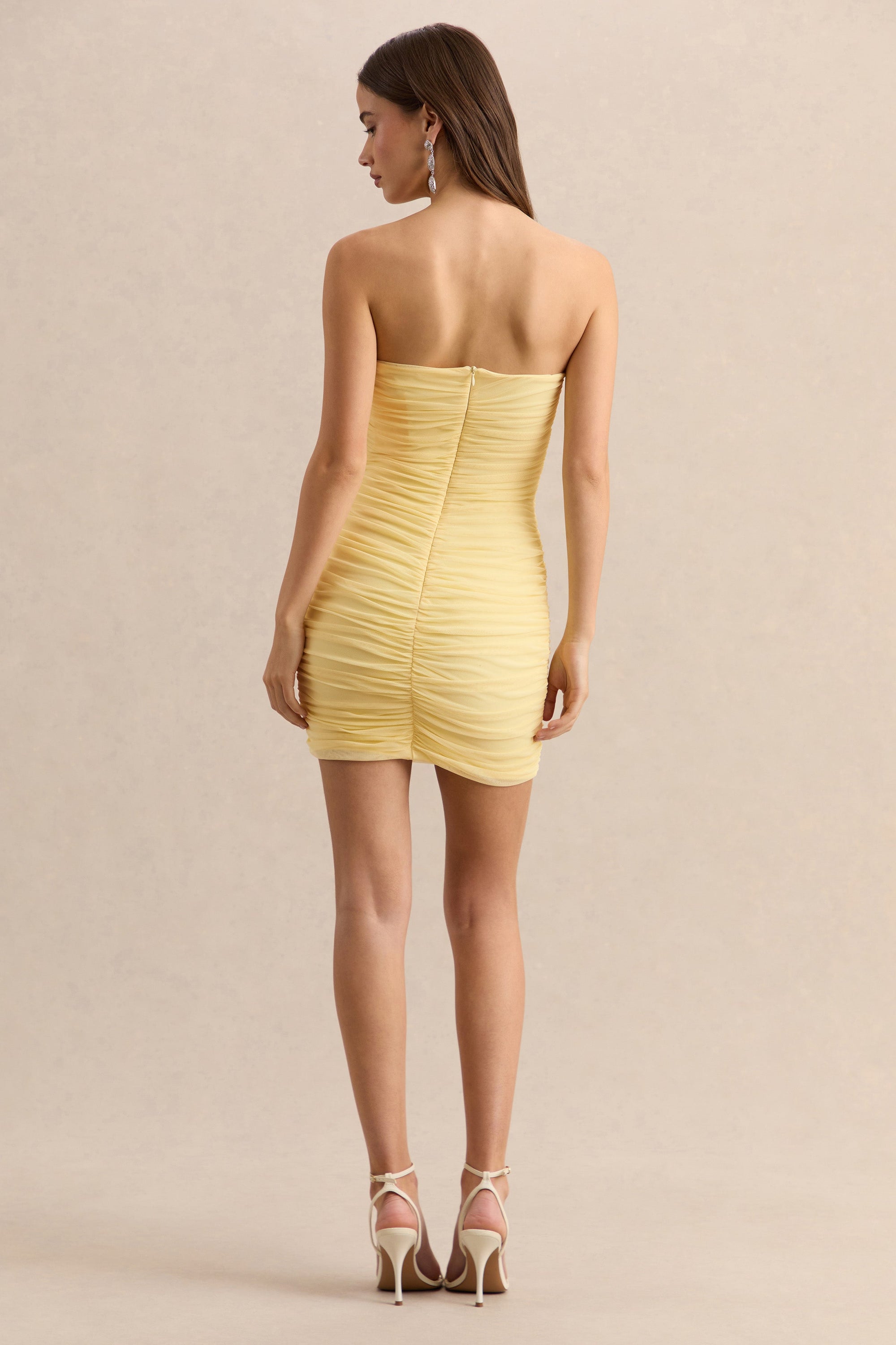 Merisse | Lemon Bandeau Mini-Dress With Ruched-Detailing - UK 6 / LEMON