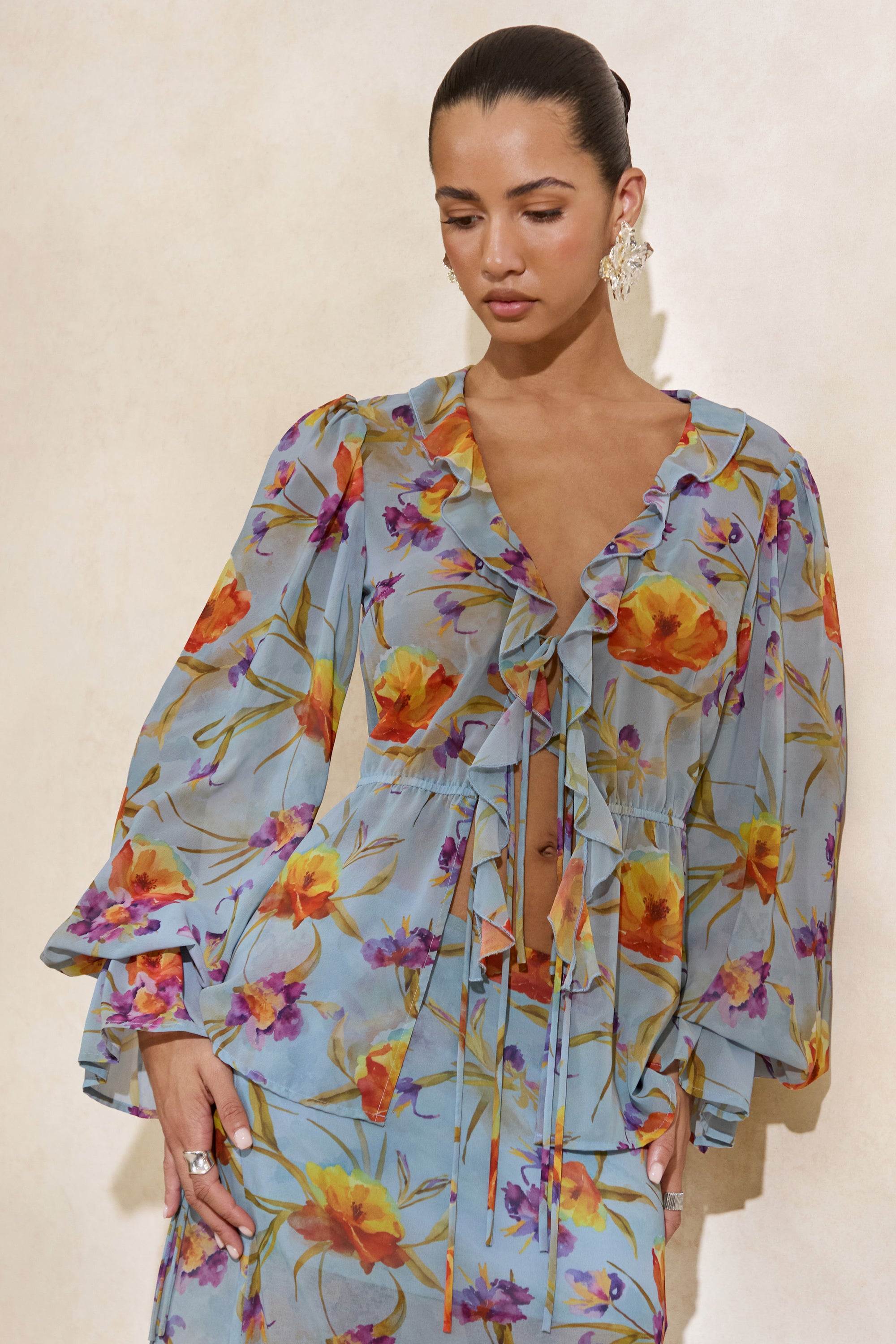 CL138215016 - Alveta _ Blue Floral Chiffon Sheer V-Neck Top With Ruffled Detailing  4.jpg