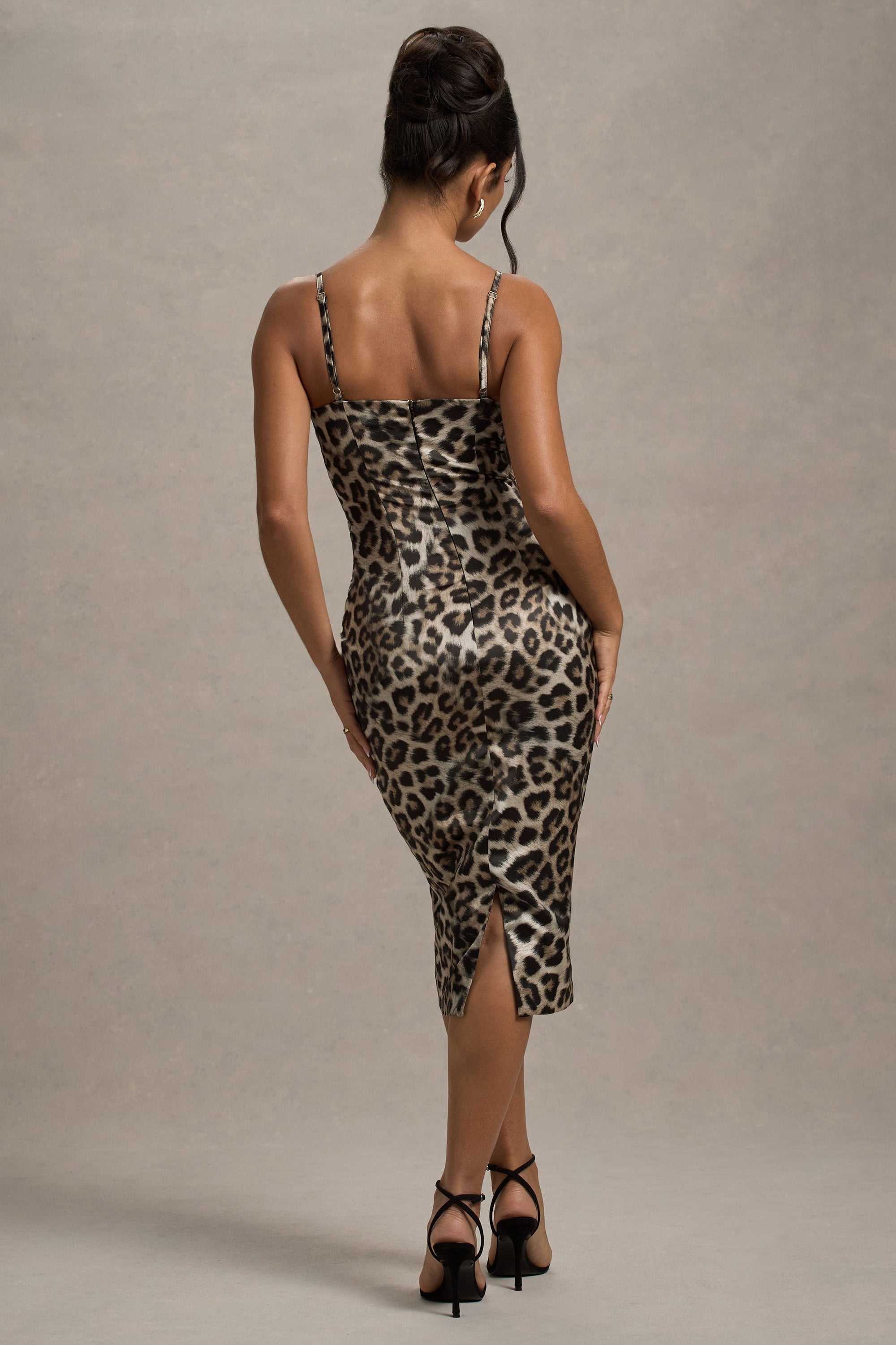 Sopranoos | Leopard Print Satin Sweetheart Lace Trim Midi Dress