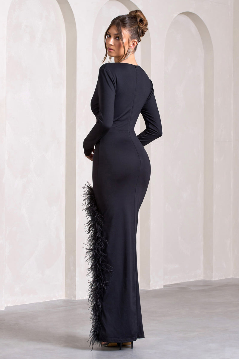 Finale | Black Feather Plunge Neck Thigh Split Maxi Dress - Club L 
