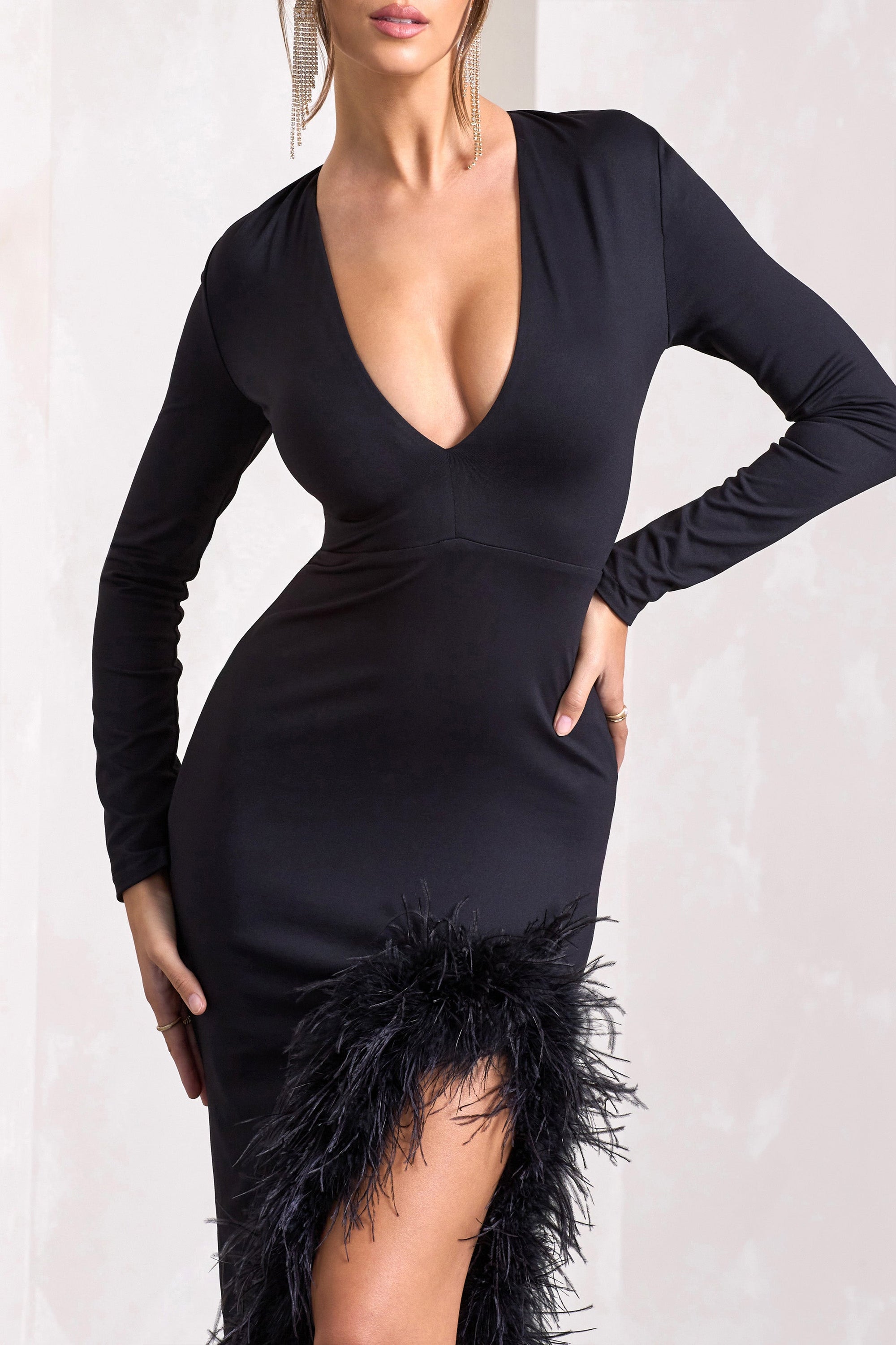 Finale | Black Feather Plunge Neck Thigh Split Maxi Dress - Club L 