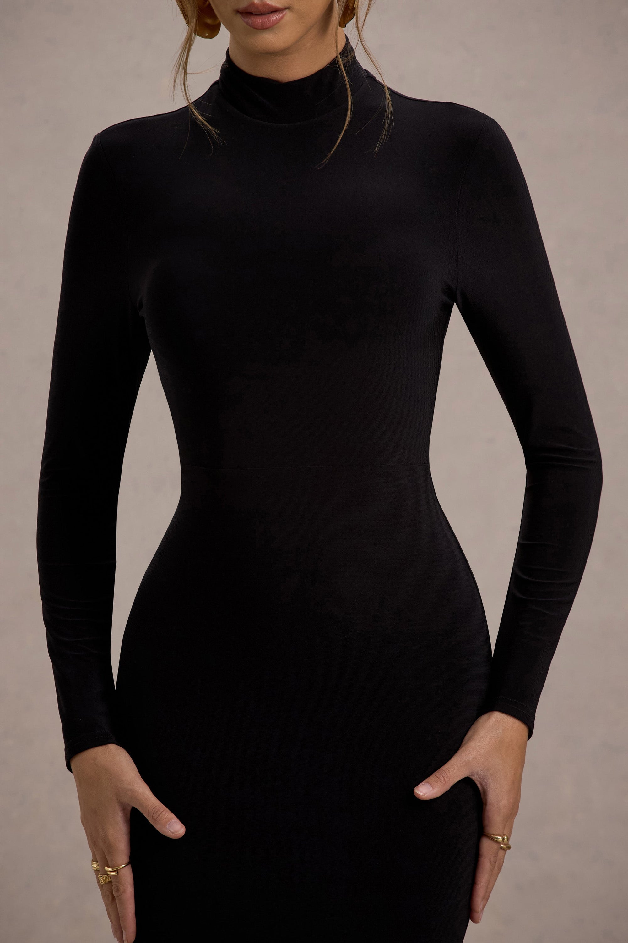 Tova | Black High-Neck Long-Sleeve Fishtail Maxi Dress