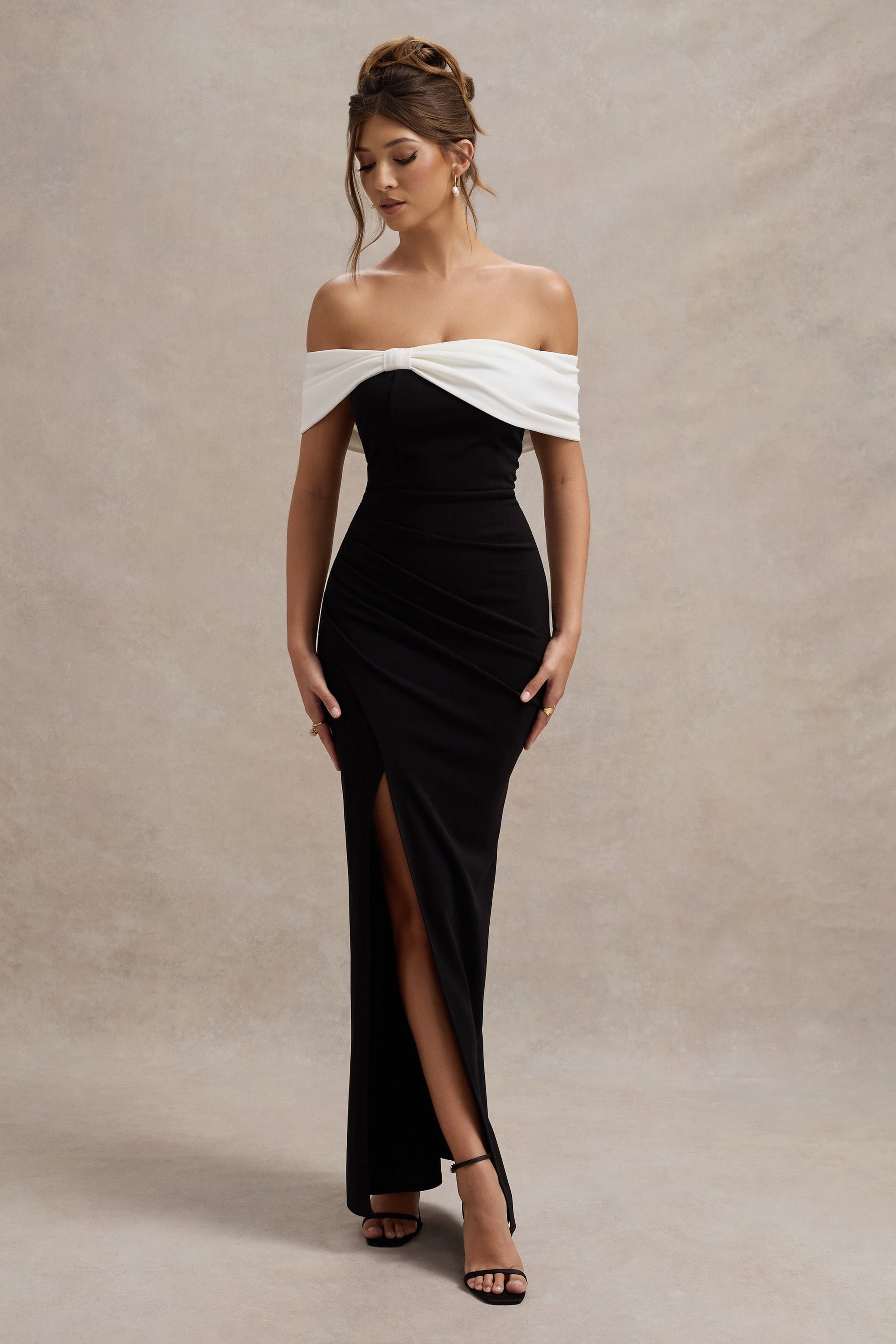 WB_HR_CL127770225-EvaBlack_WhiteBardotBowDetailMaxiDressWithThighSplit2