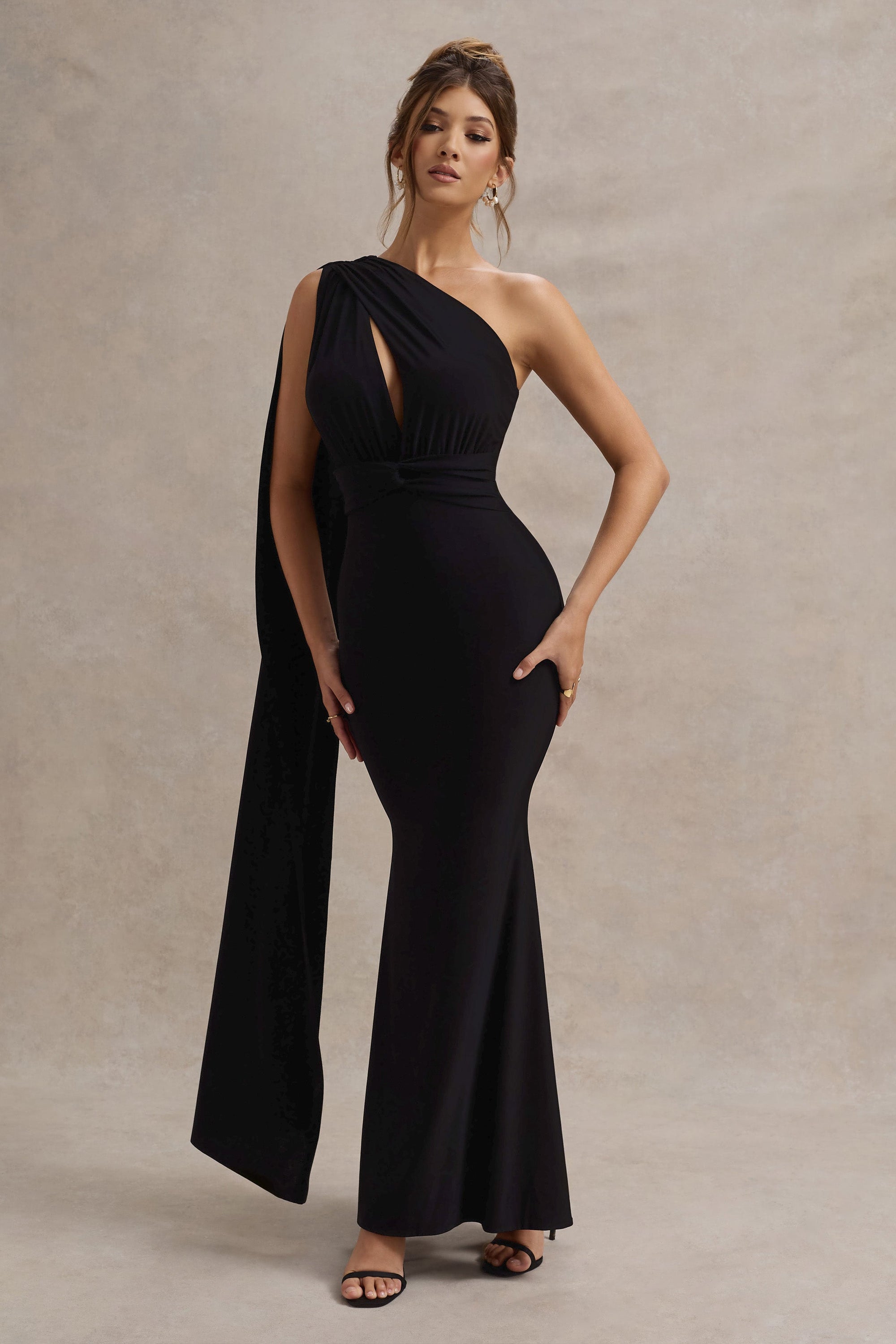 Akira | Black Asymmetric Knot Maxi Dress With Sash