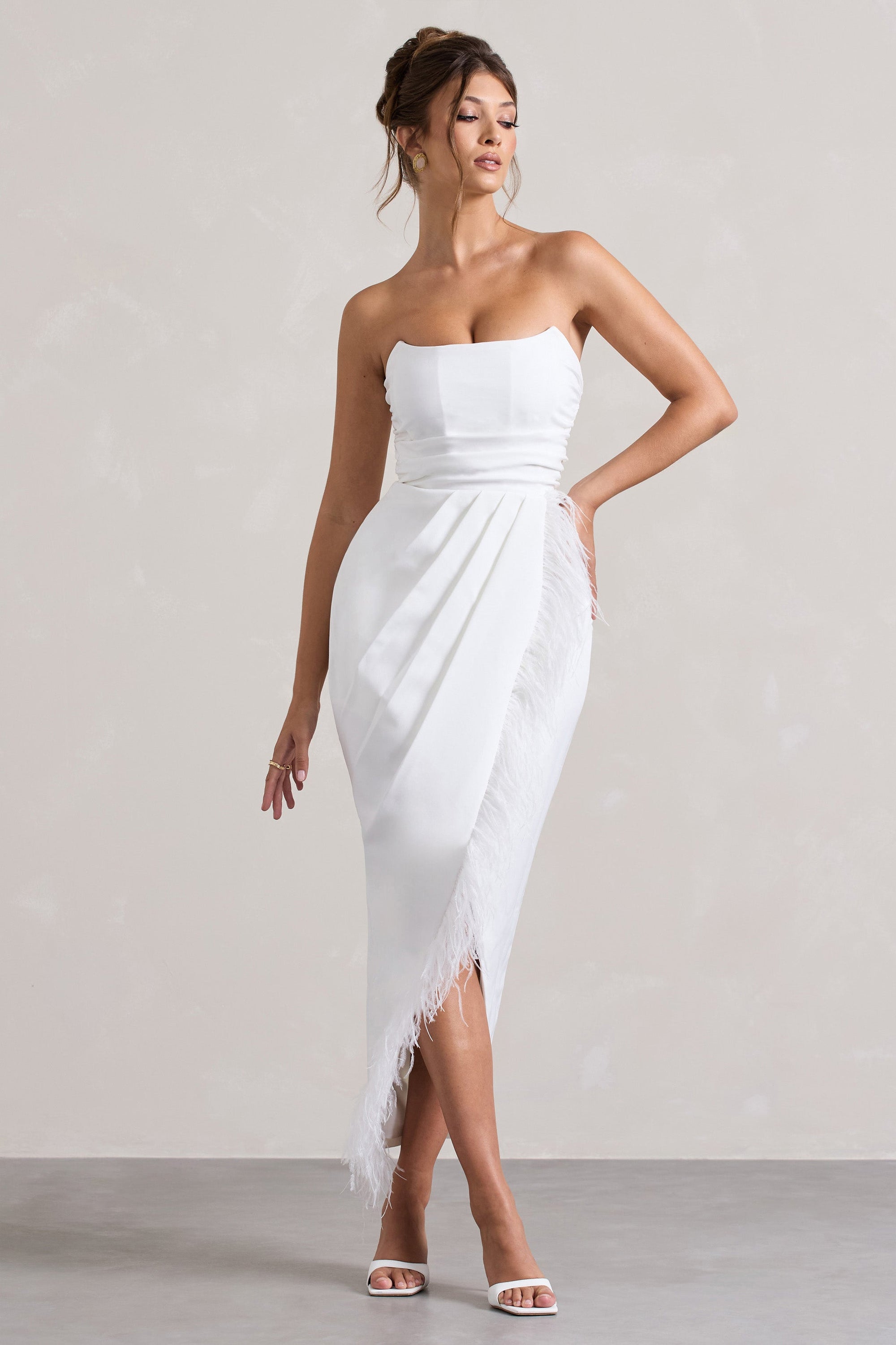 Céhosen | White Bandeau Wrap Maxi Dress With Feather Trim