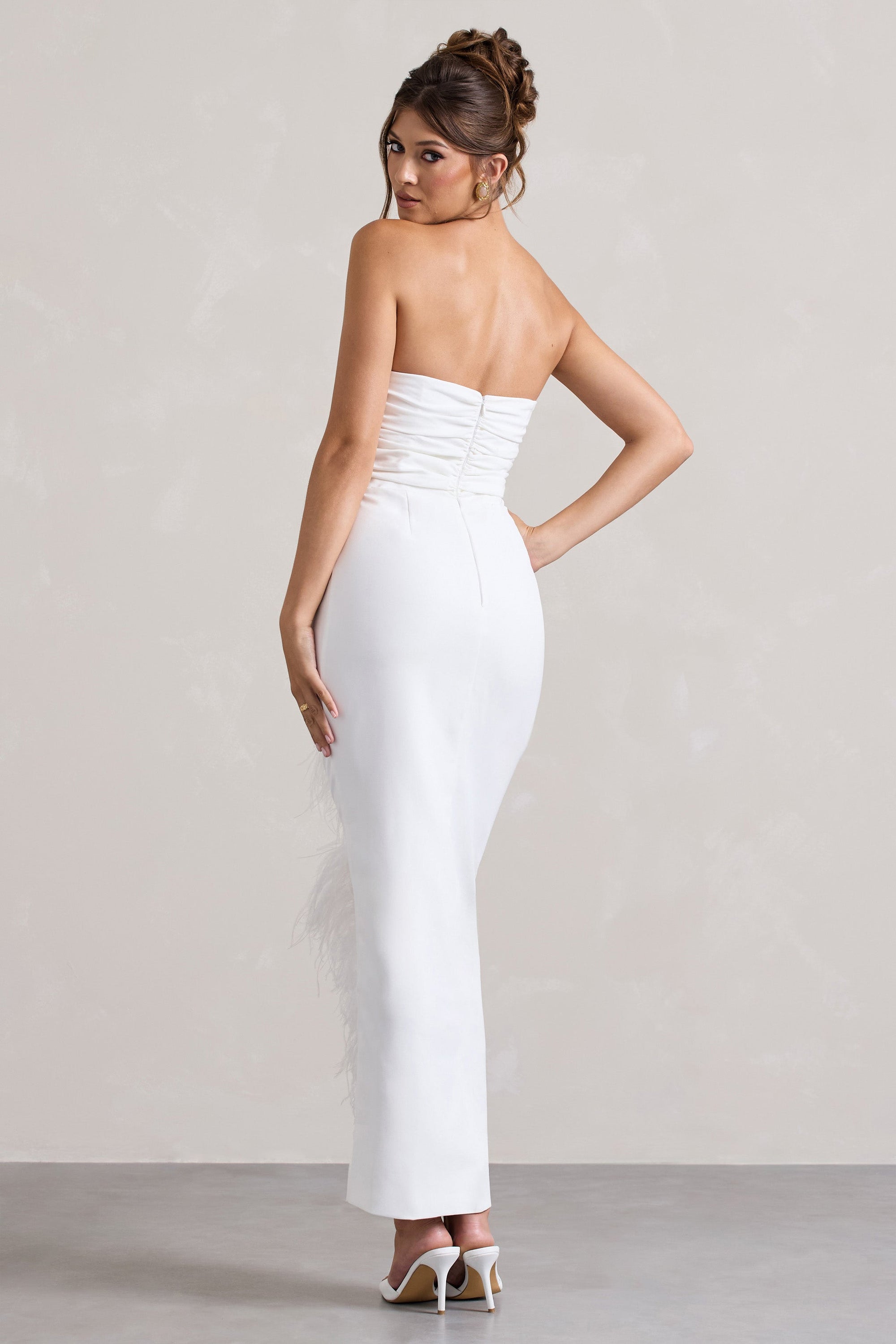 Céhosen | White Bandeau Wrap Maxi Dress With Feather Trim