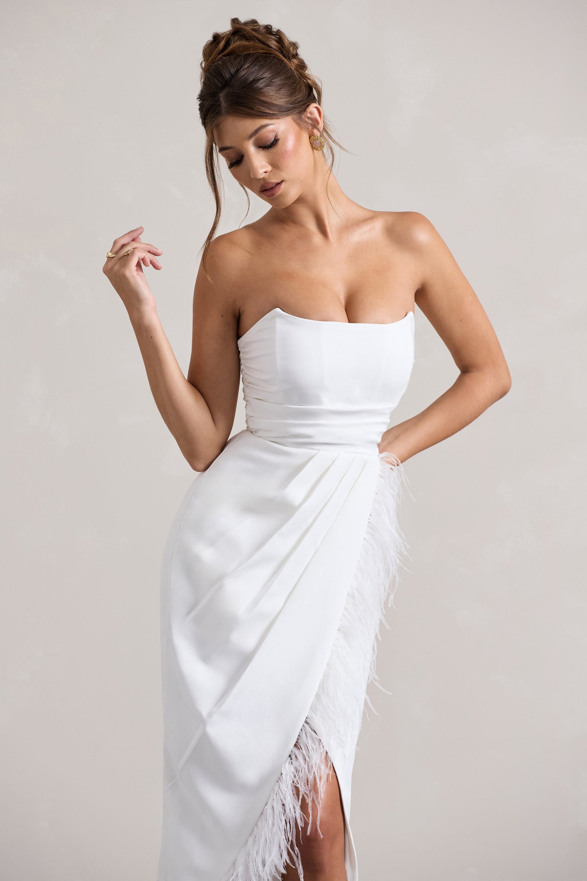 Céhosen | White Bandeau Wrap Maxi Dress With Feather Trim