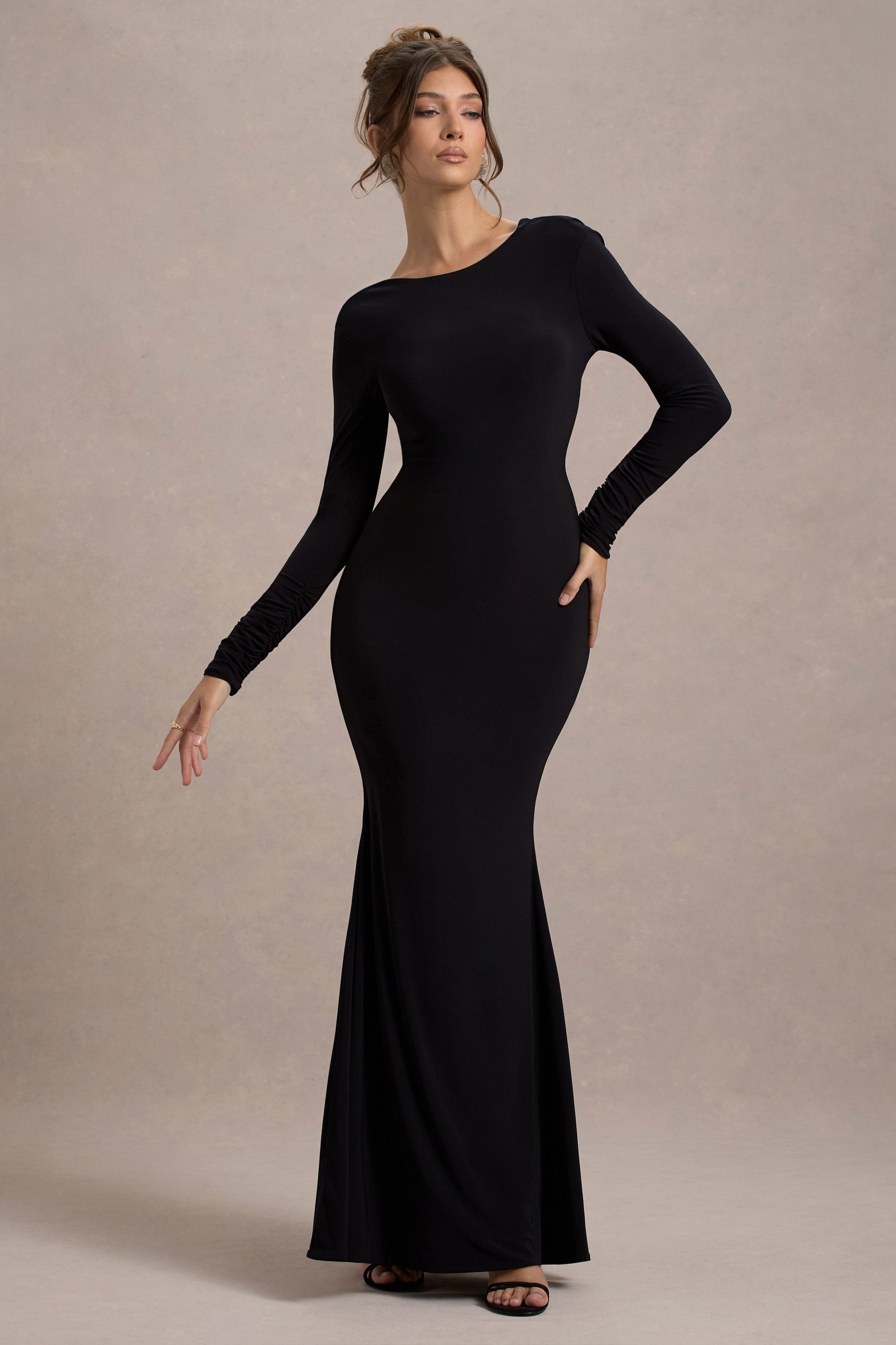 Rosalee | Black Long-Sleeve Cowl-Back Fishtail Maxi Dress With Bows